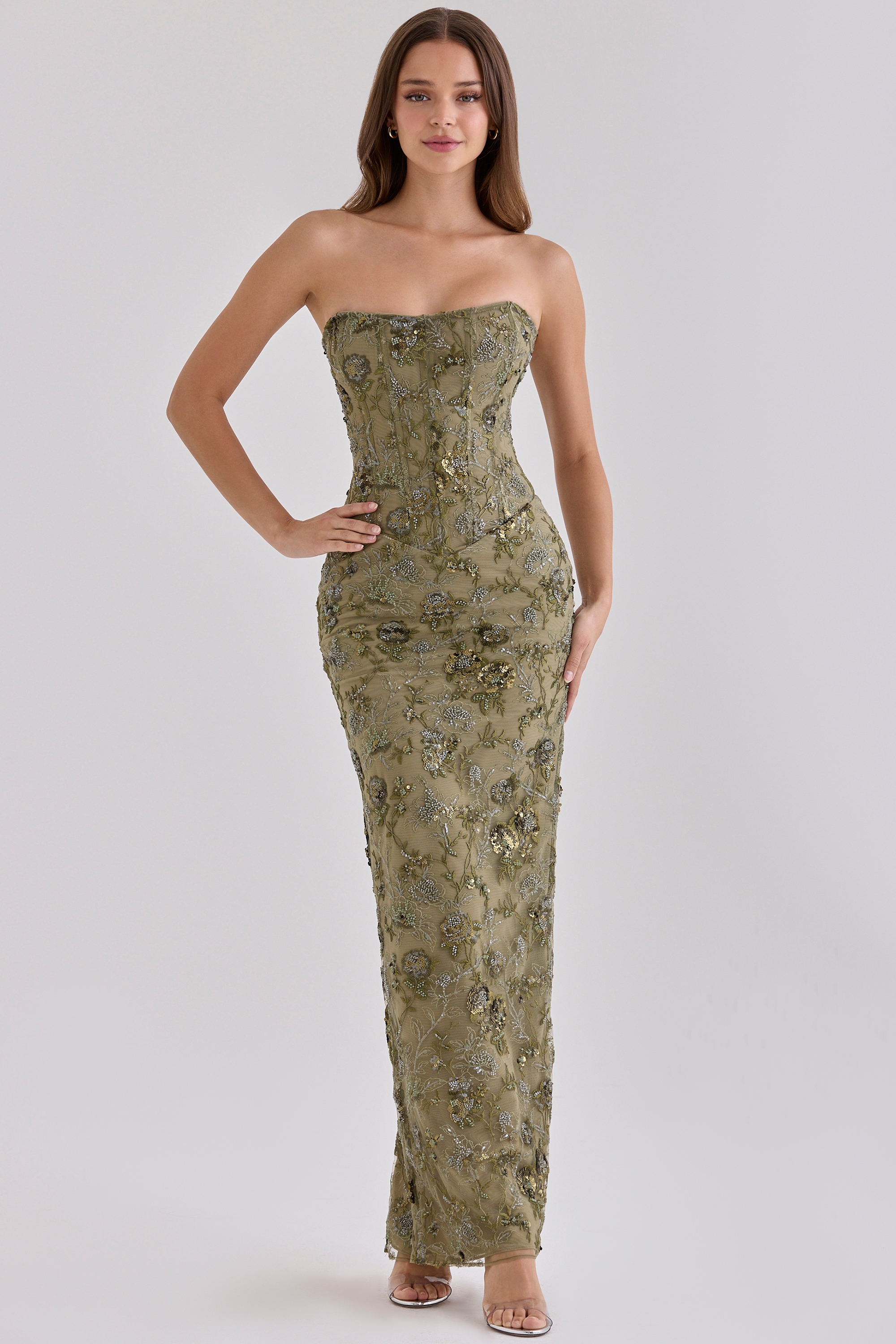 Olive Hand Beaded Embellished Strapless Maxi Dress - Limited Edition
