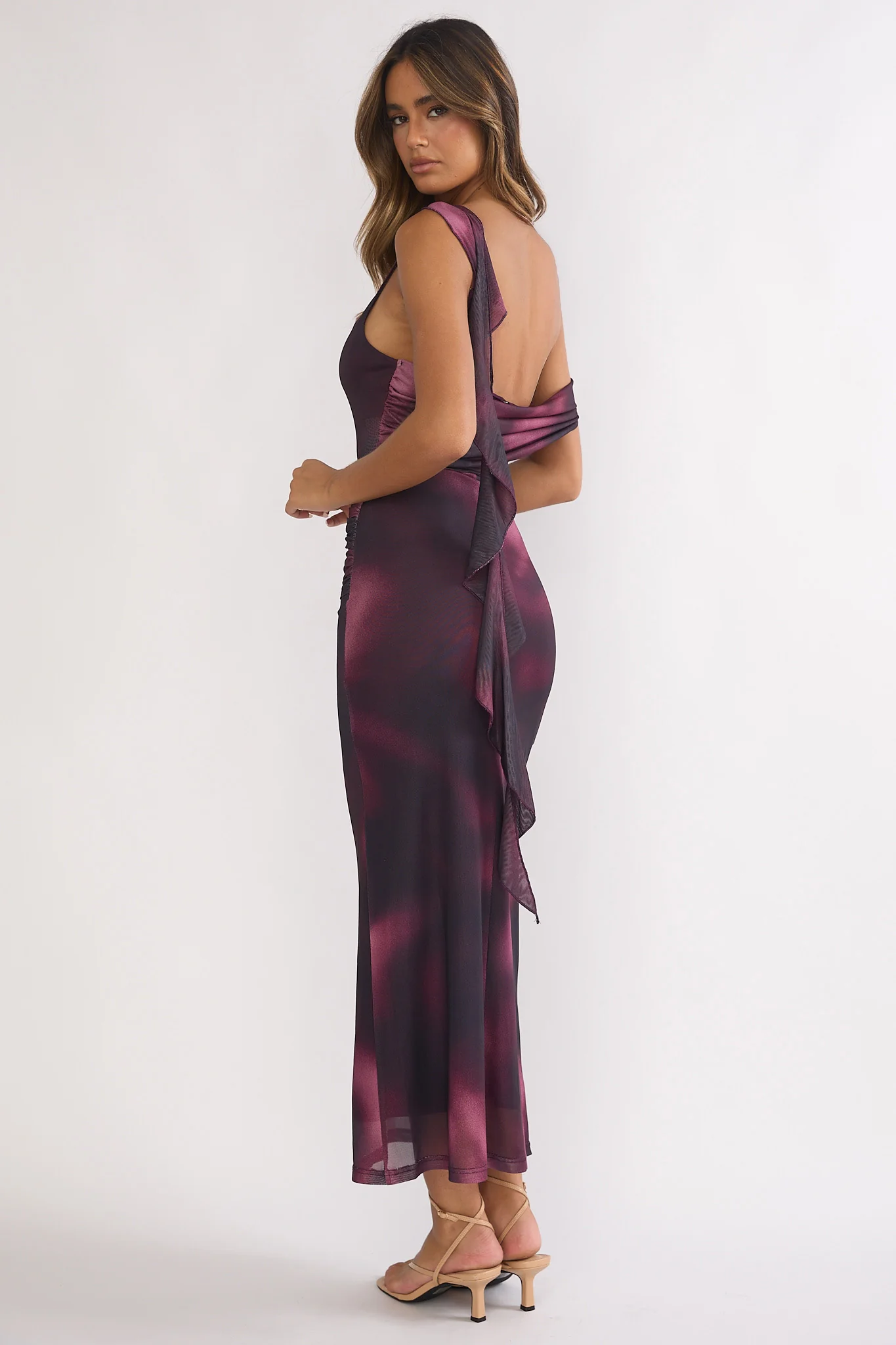 Saffra Shoulder Sash Ruched Maxi Dress Print Wine - luluinthesky