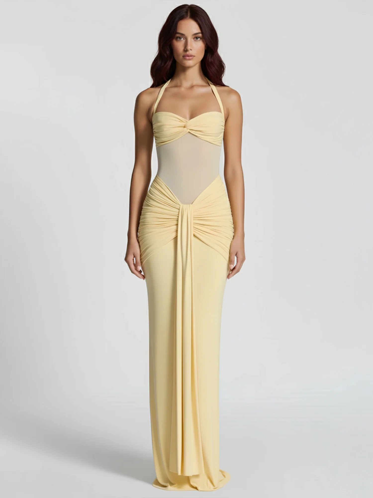Yellow Draped Halter Maxi Dress Sheer Elegance