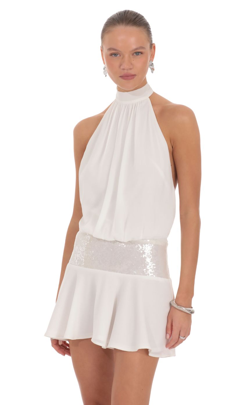 Halter Sequin Waist Mini Dress in White
