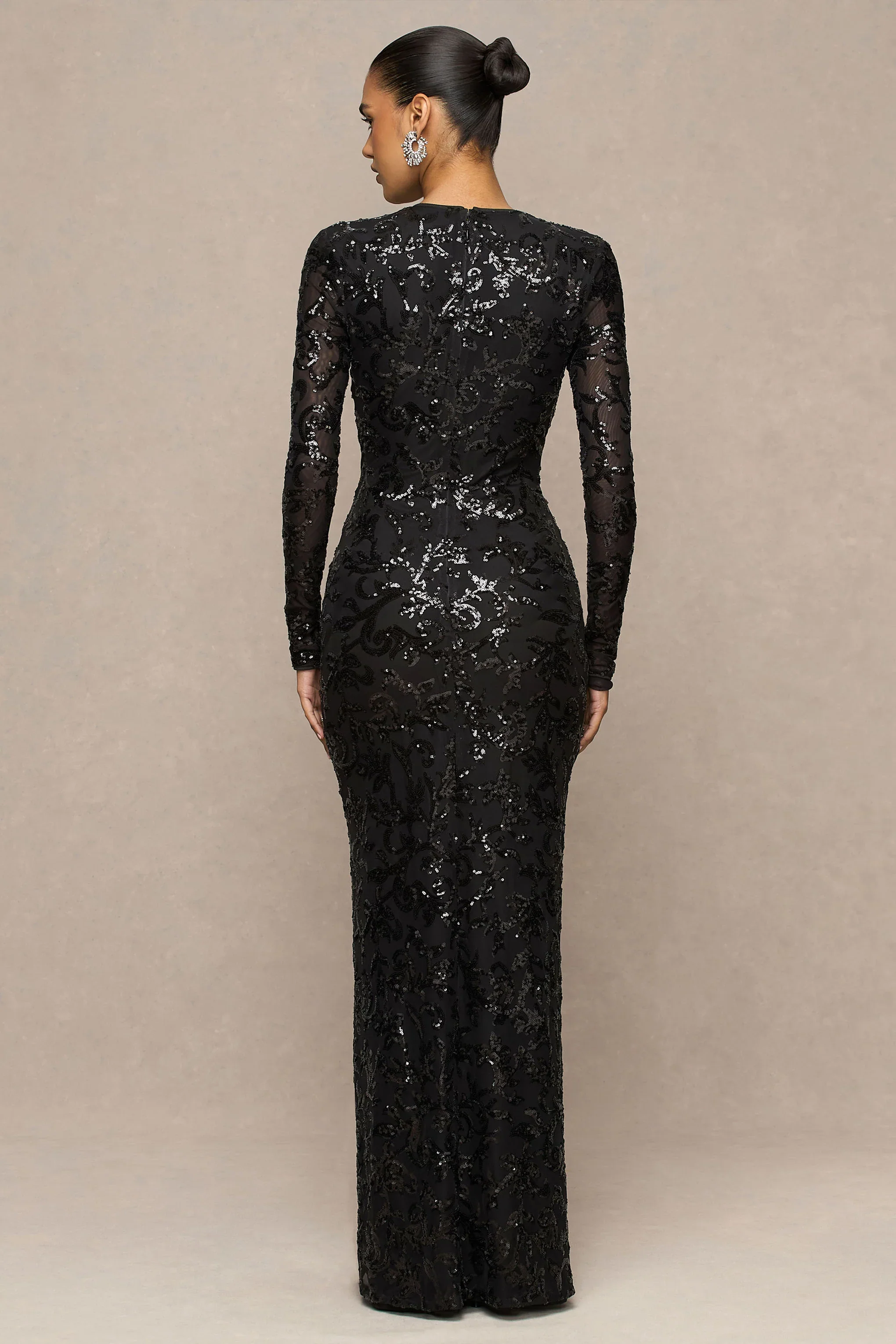 Stellar | Black Embellished Lace High-Neck Maxi Dress With Long Sleeves