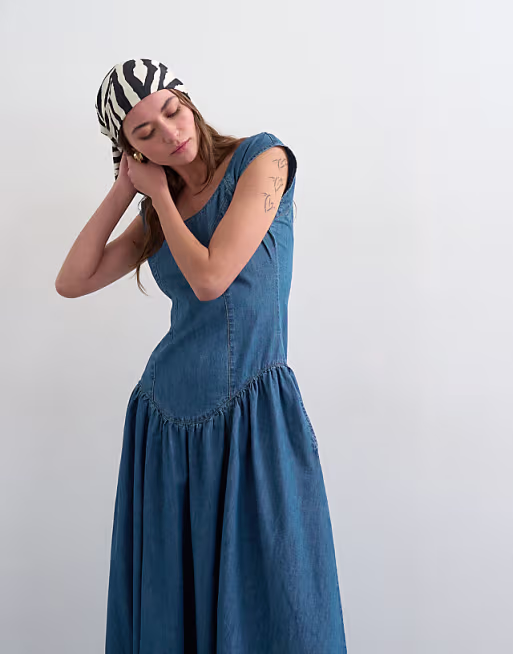 Topshop denim dropped waist midi dress in indigo rinse