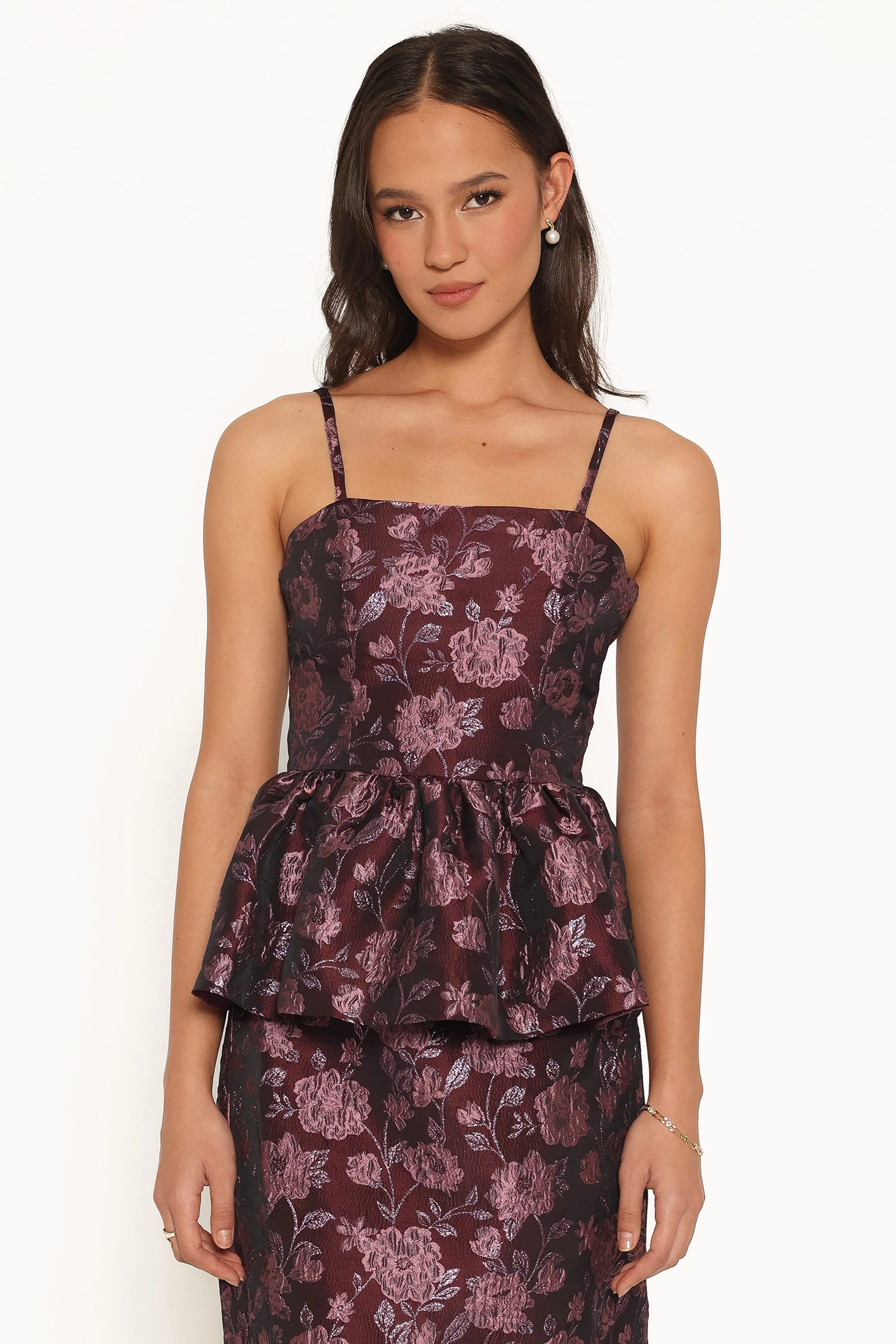 Allegro Peplum Top - Plum Brocade