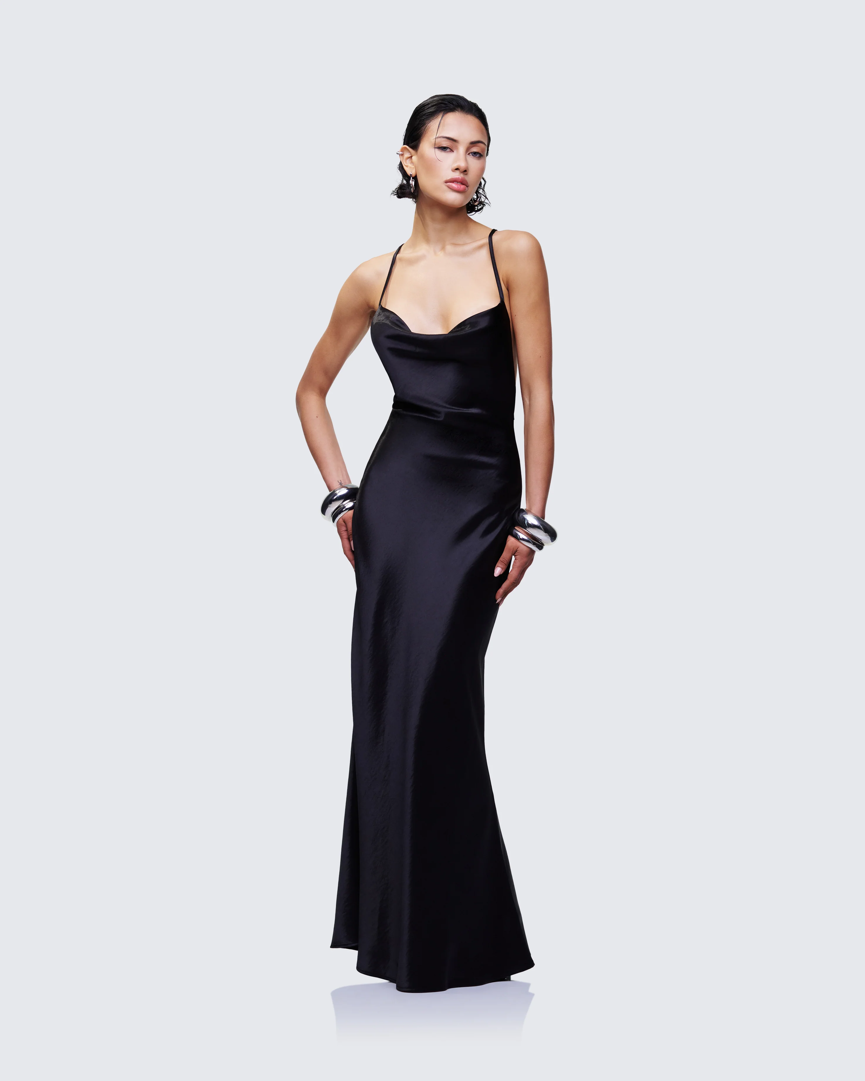 Elspeth Black Satin Bias Slip Maxi Dress