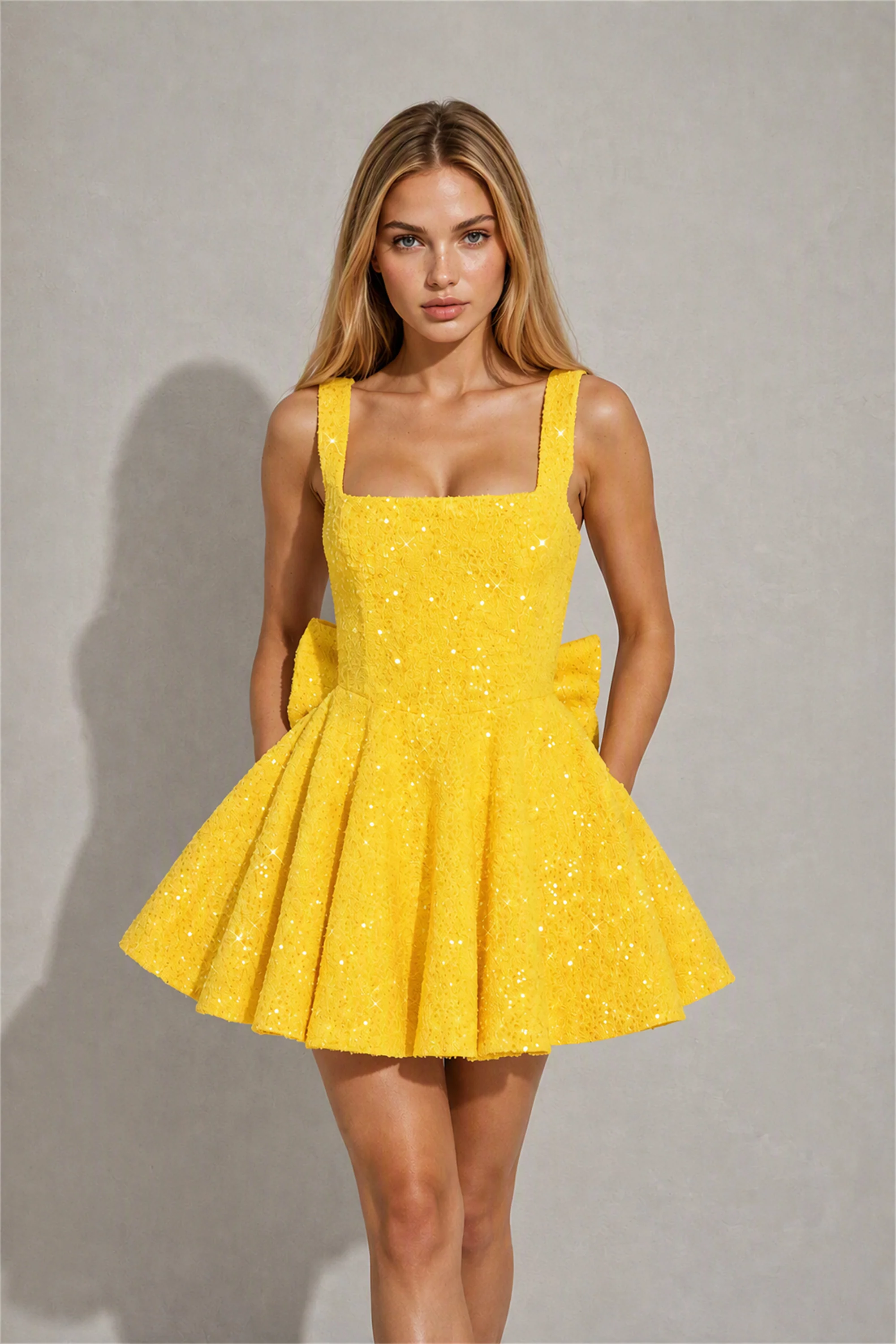 BOLODOO Yellow Sequin Square Neck Wide Strap Bow Waist Open Back Fit and Flare Mini Dress | Prom Birthday Party Dress