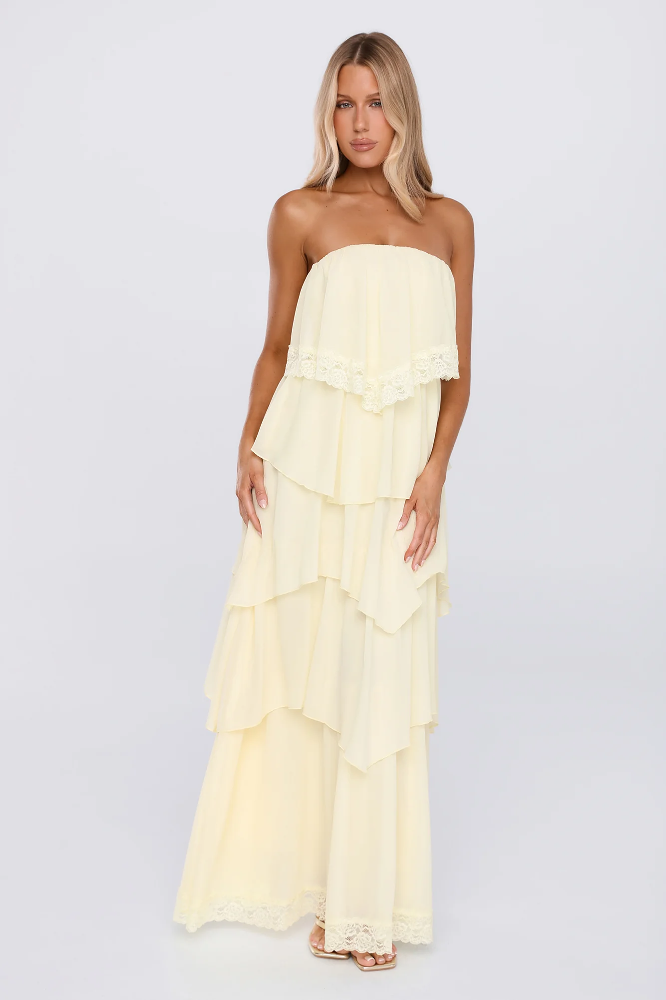 Glossy Days Strapless Maxi Dress Yellow - luluinthesky