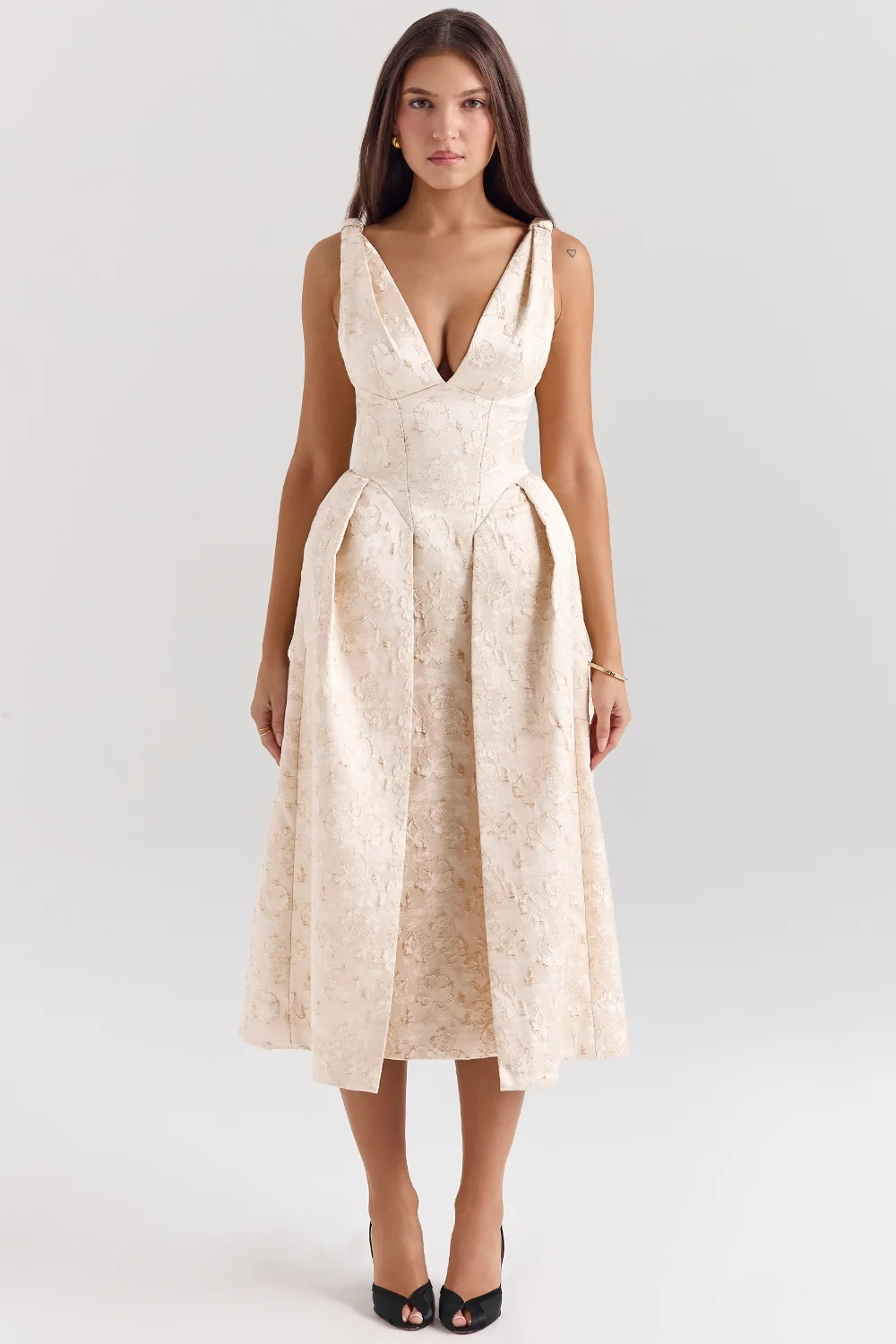 ivory metallic jacquard midi dress - sale