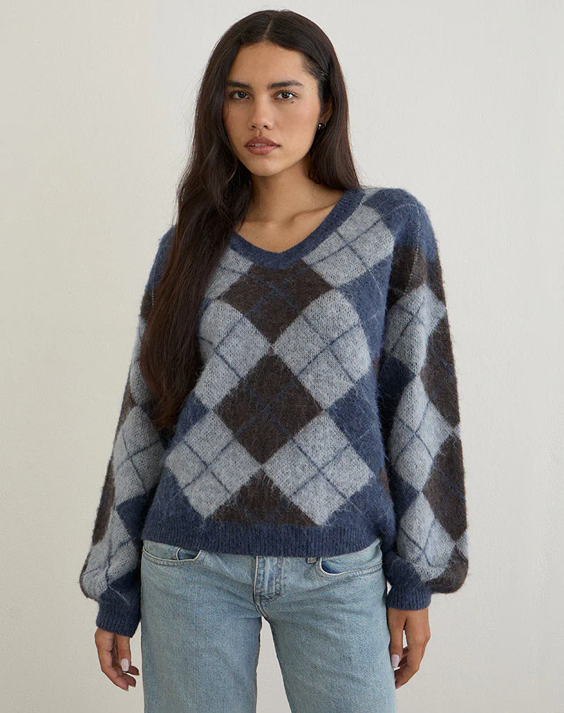 Louna Jumper in Knit Argyle Check Navy