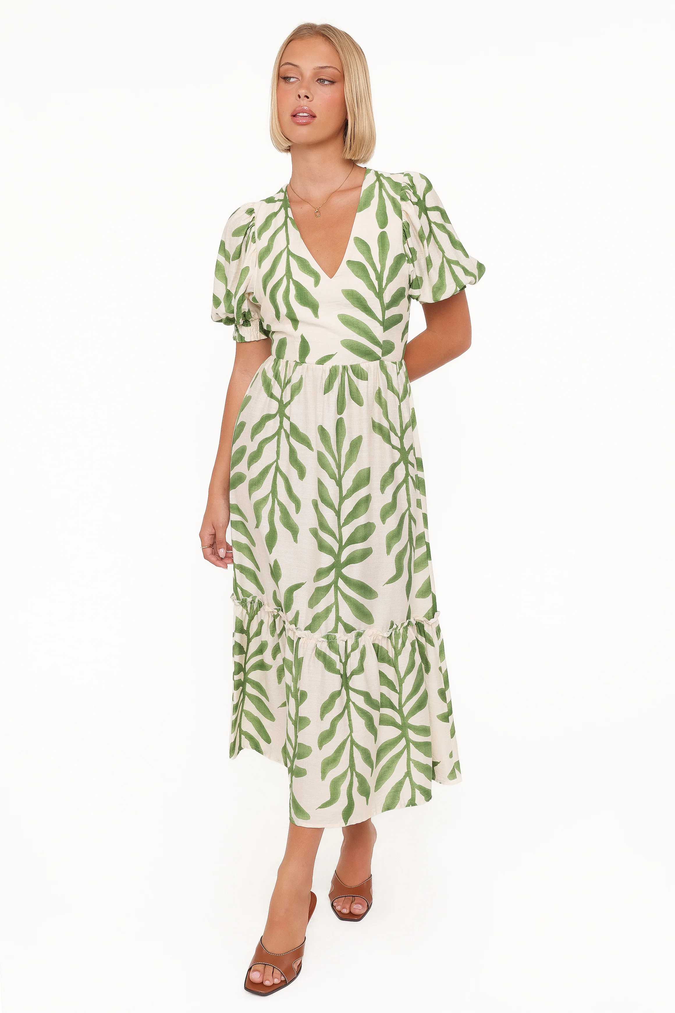 Steele Puff Sleeve Midi Dress - Green Palm