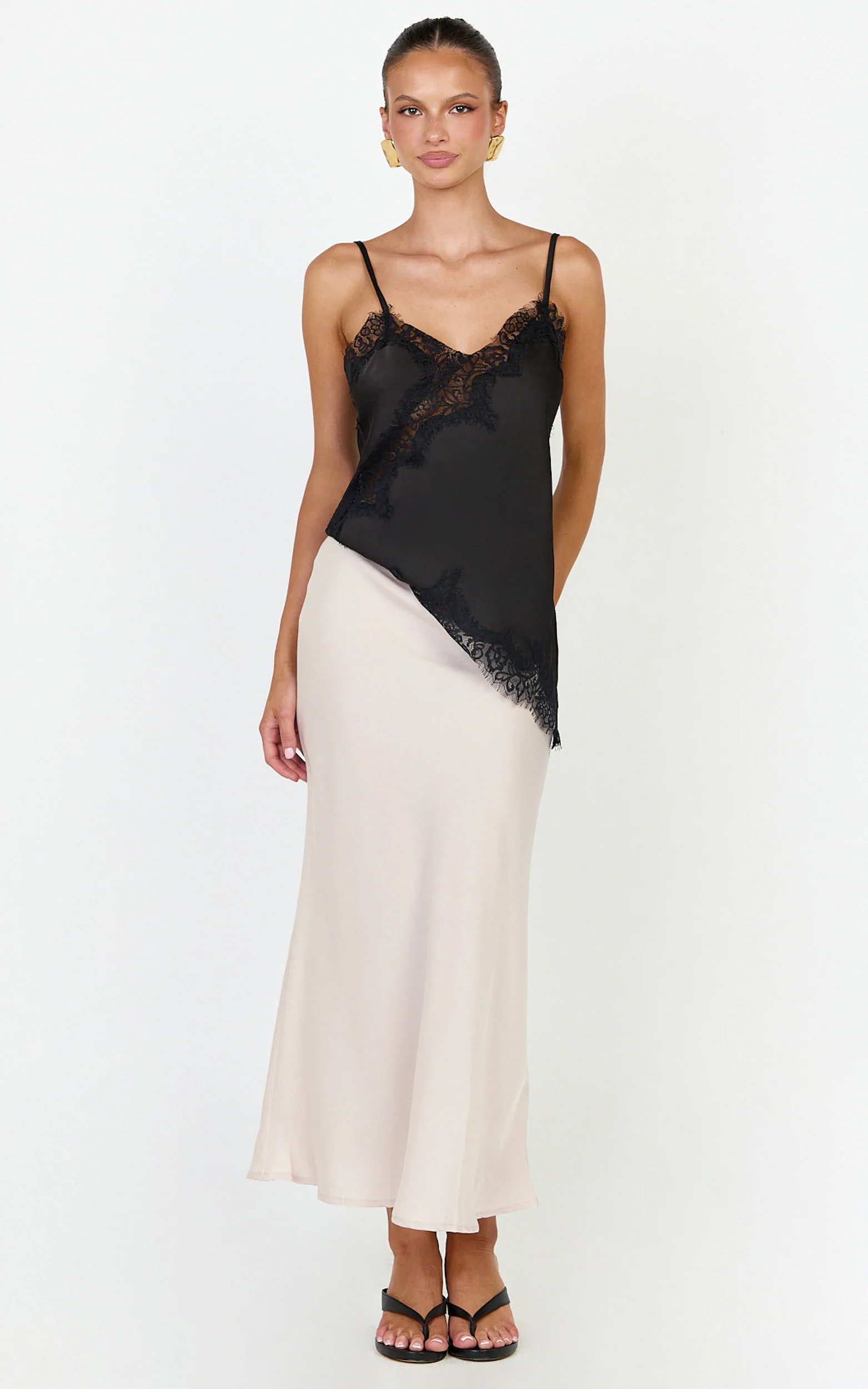 Ava Top - Lace Trim Asymmetrical Camisole Top in Black