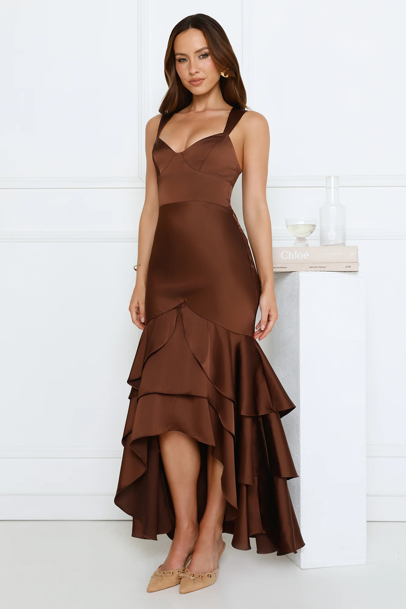 Formal Whimsy Satin Maxi Dress Brown