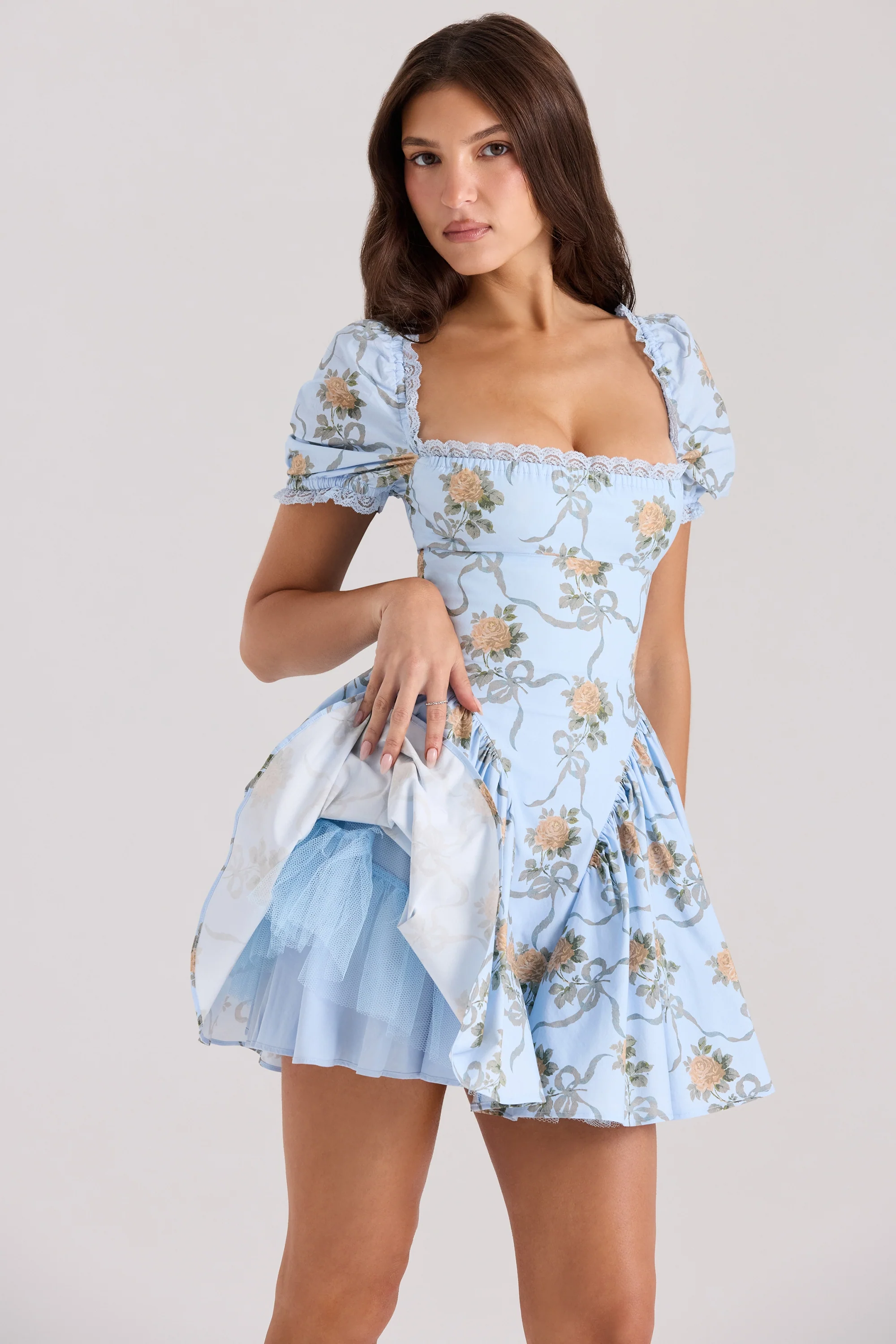 blue rose print cotton mini dress