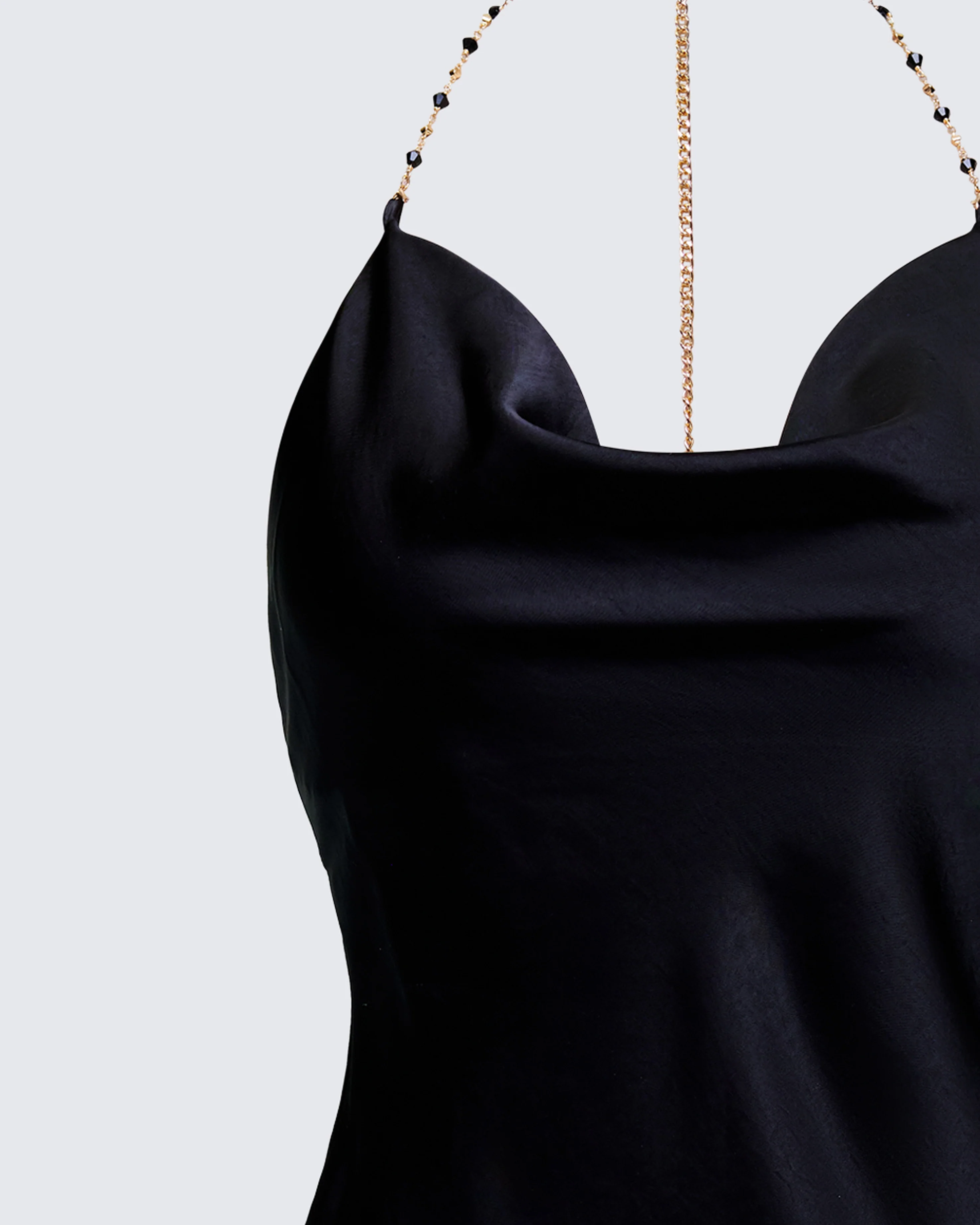 Soletta Black Satin Bias Cut Cowl Neck Mini Dress