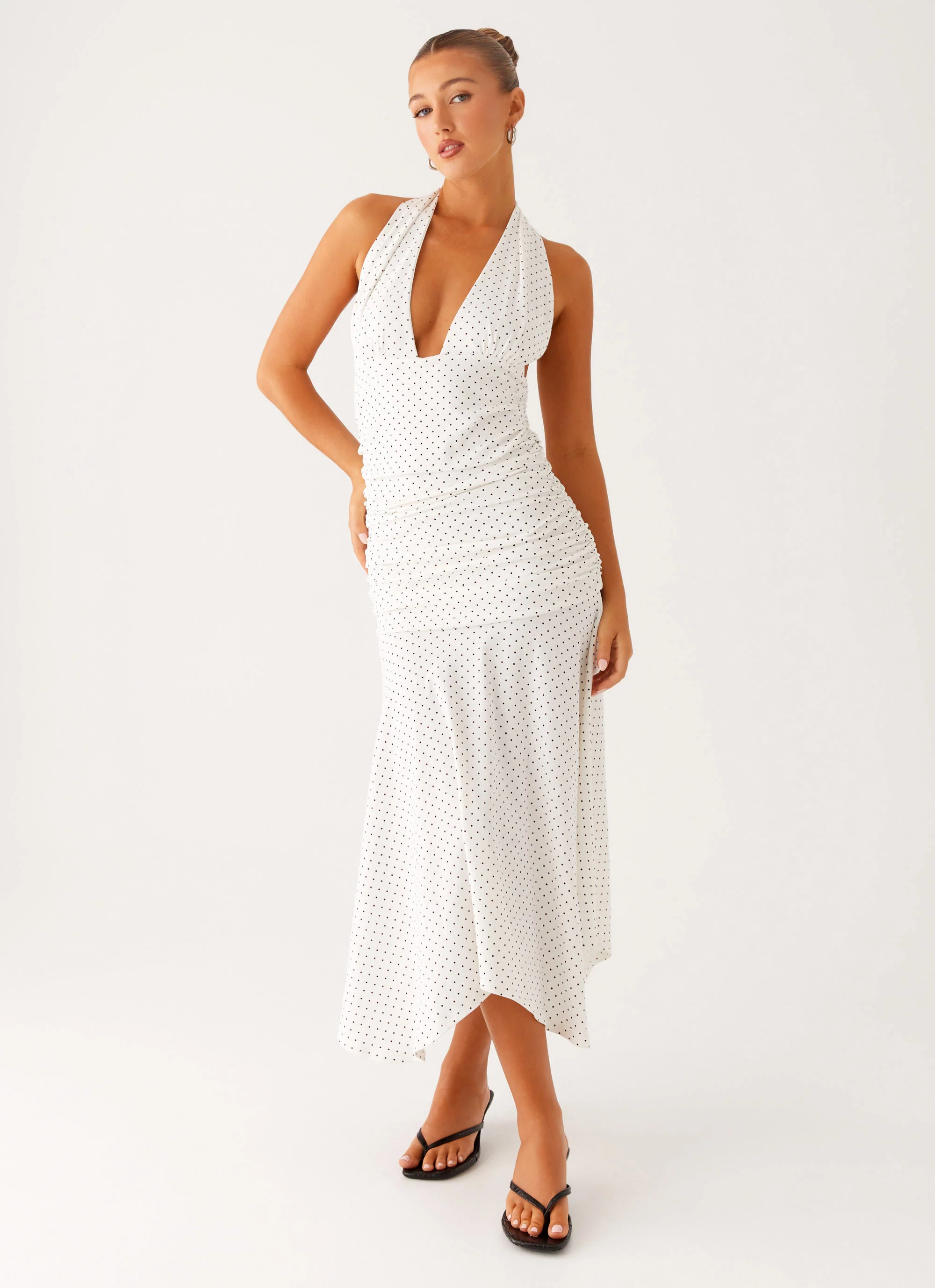 Grettana Halter Neck Midi Dress - White Polka Dot