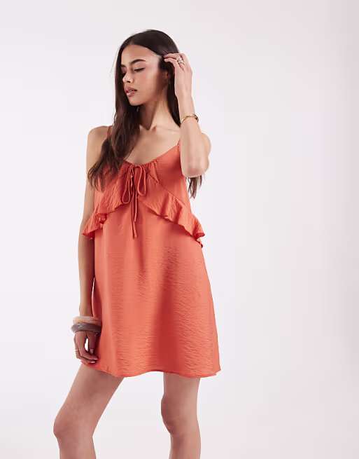 Vero Moda Tall frill trim cami mini dress in rust