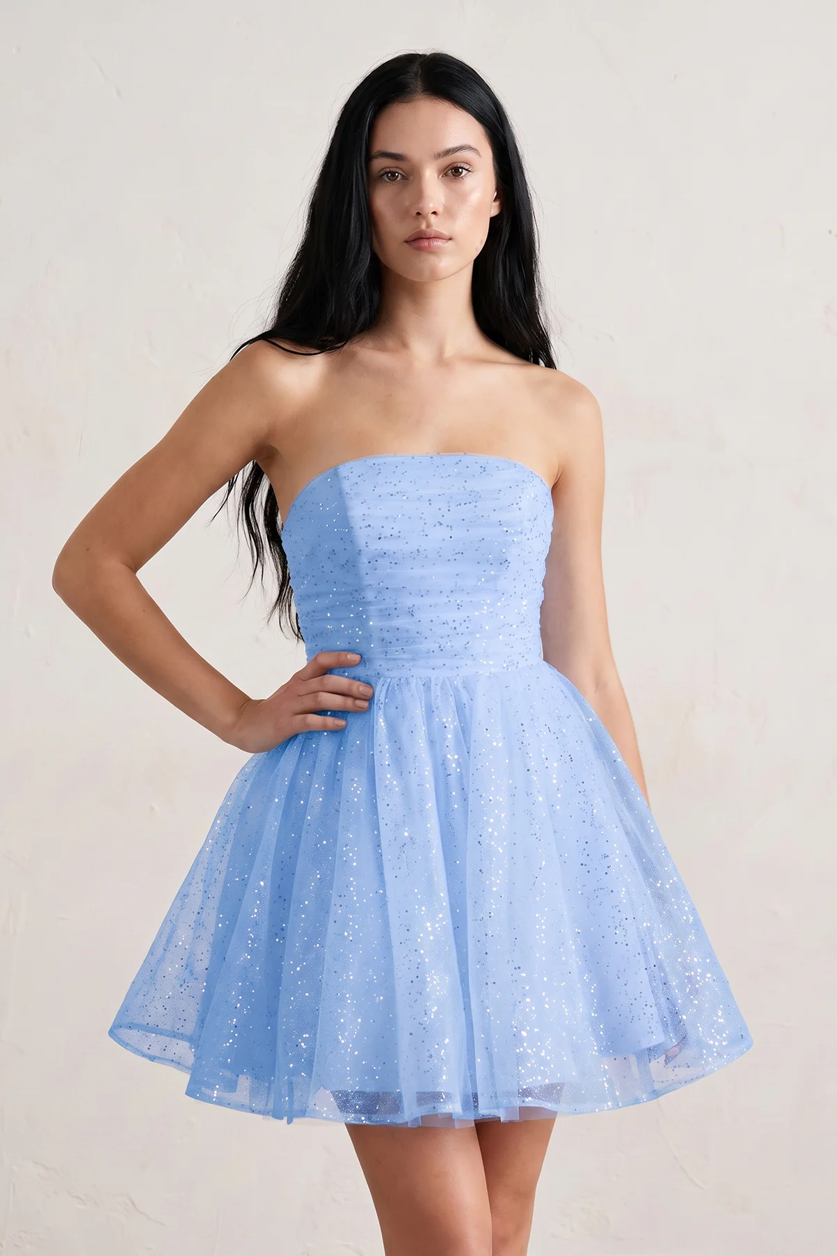 White A Line Strapless Glitter Tulle Ruffled Homecoming Dresses with Bow