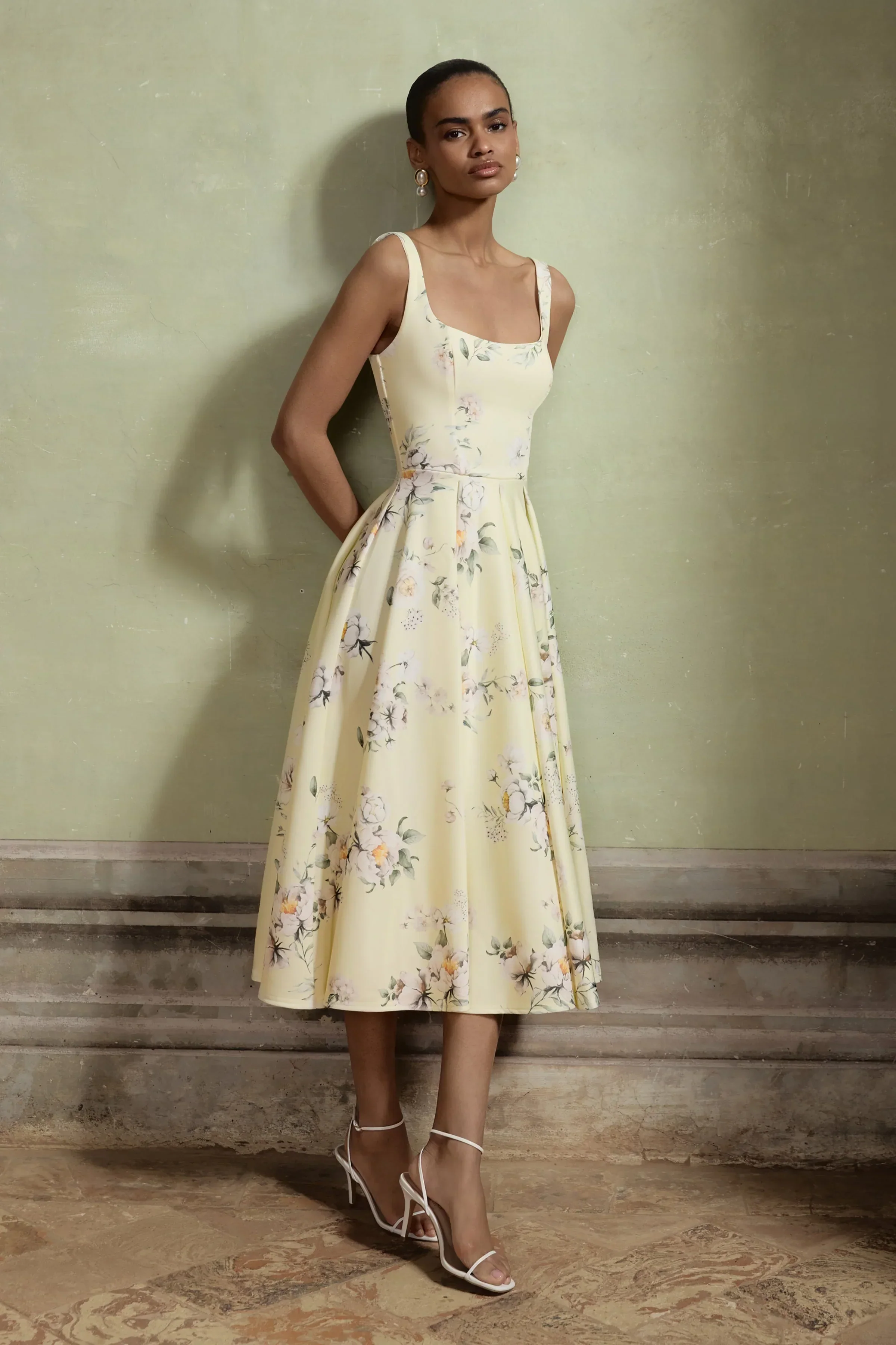 Lissa | Lemon Floral Bouquet Print Square-Neck Midi Dress