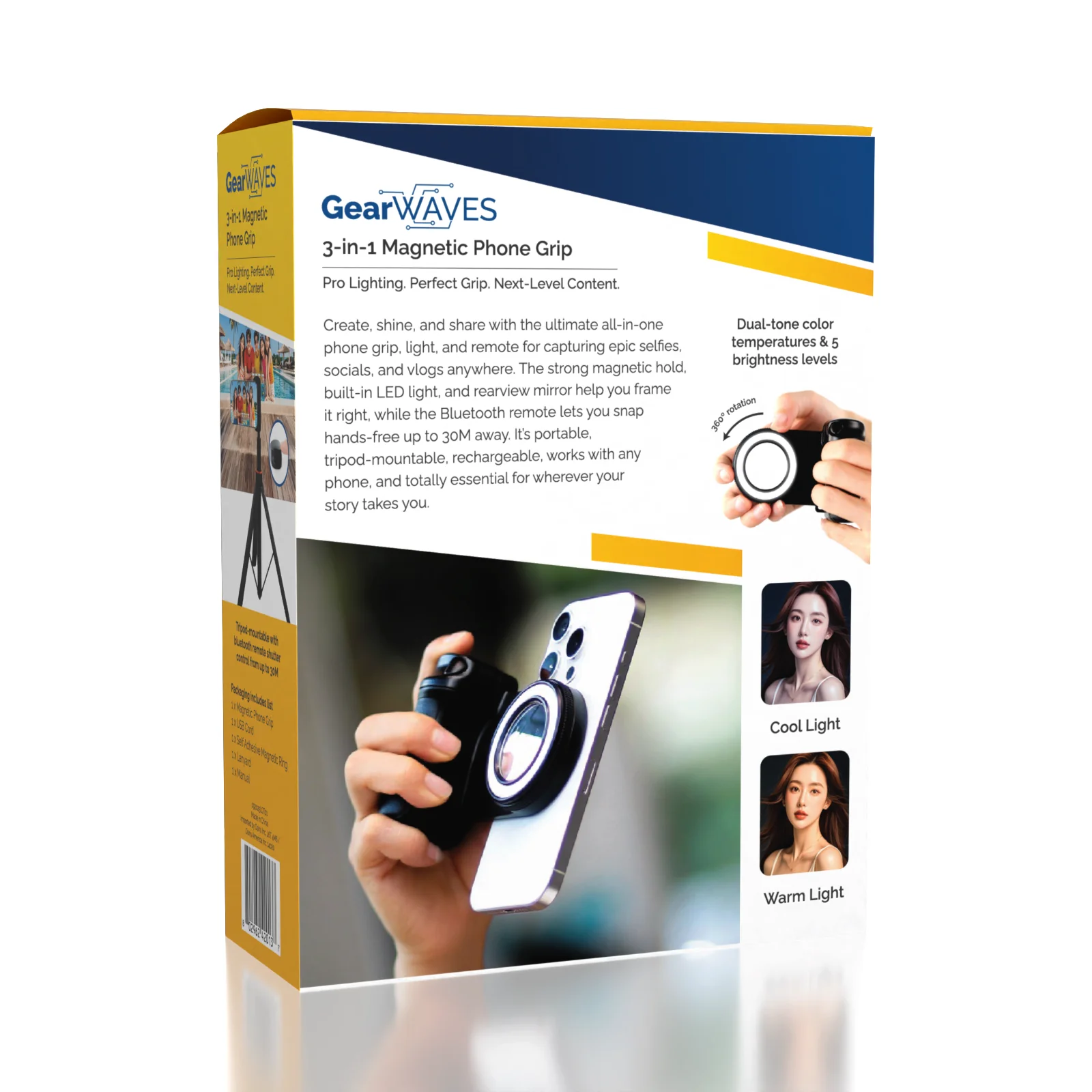 GearWaves 3-in-1 Magnetic Phone Grip & Mini Ring Light (Includes Remote)