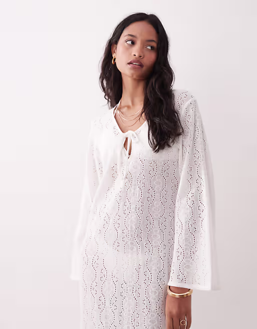 Esmée knit tie front maxi beach dress cover up in white
