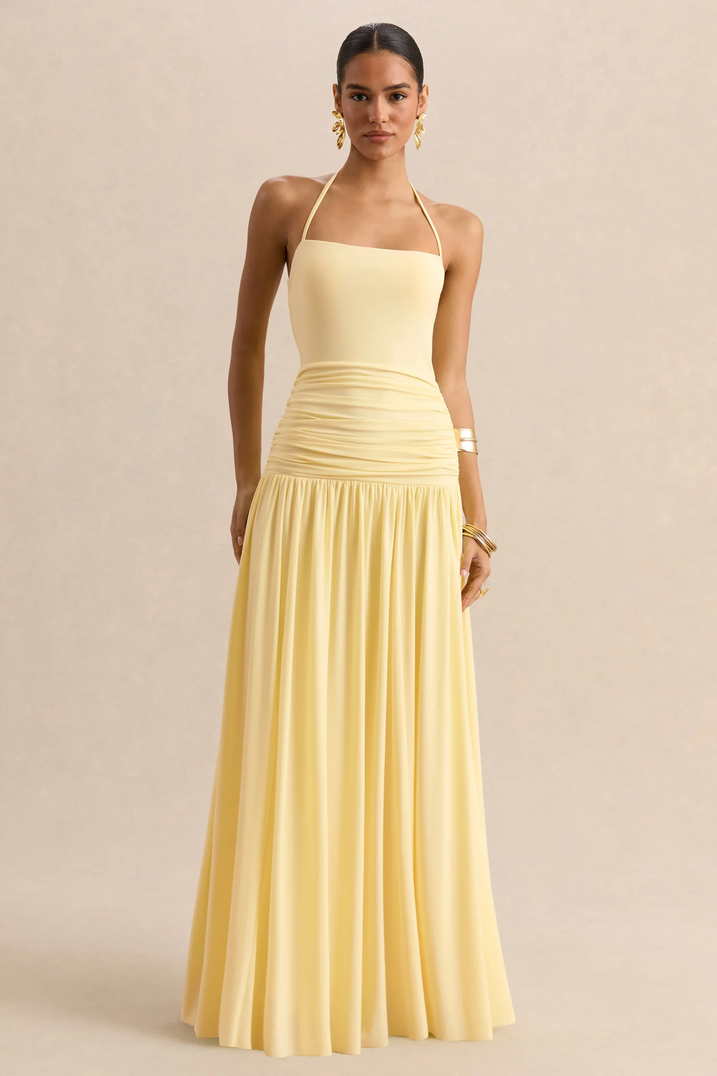 Nicolette | Lemon Square-Neck Maxi Dress With Ruched-Detailing