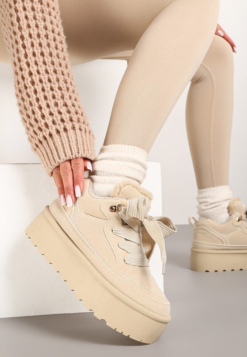 Beżowe Sneakersy Vices Stylizowane na Śniegowce na Platformie Obszyte Futerkiem Naleris