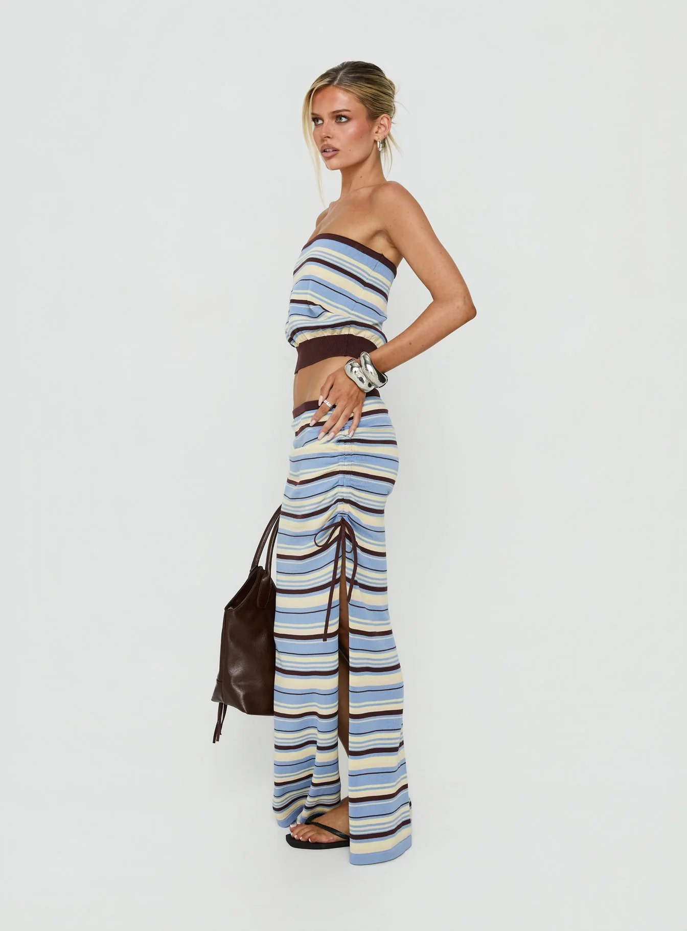 Osamie Knit Drawstring Maxi Skirt Multi Stripe