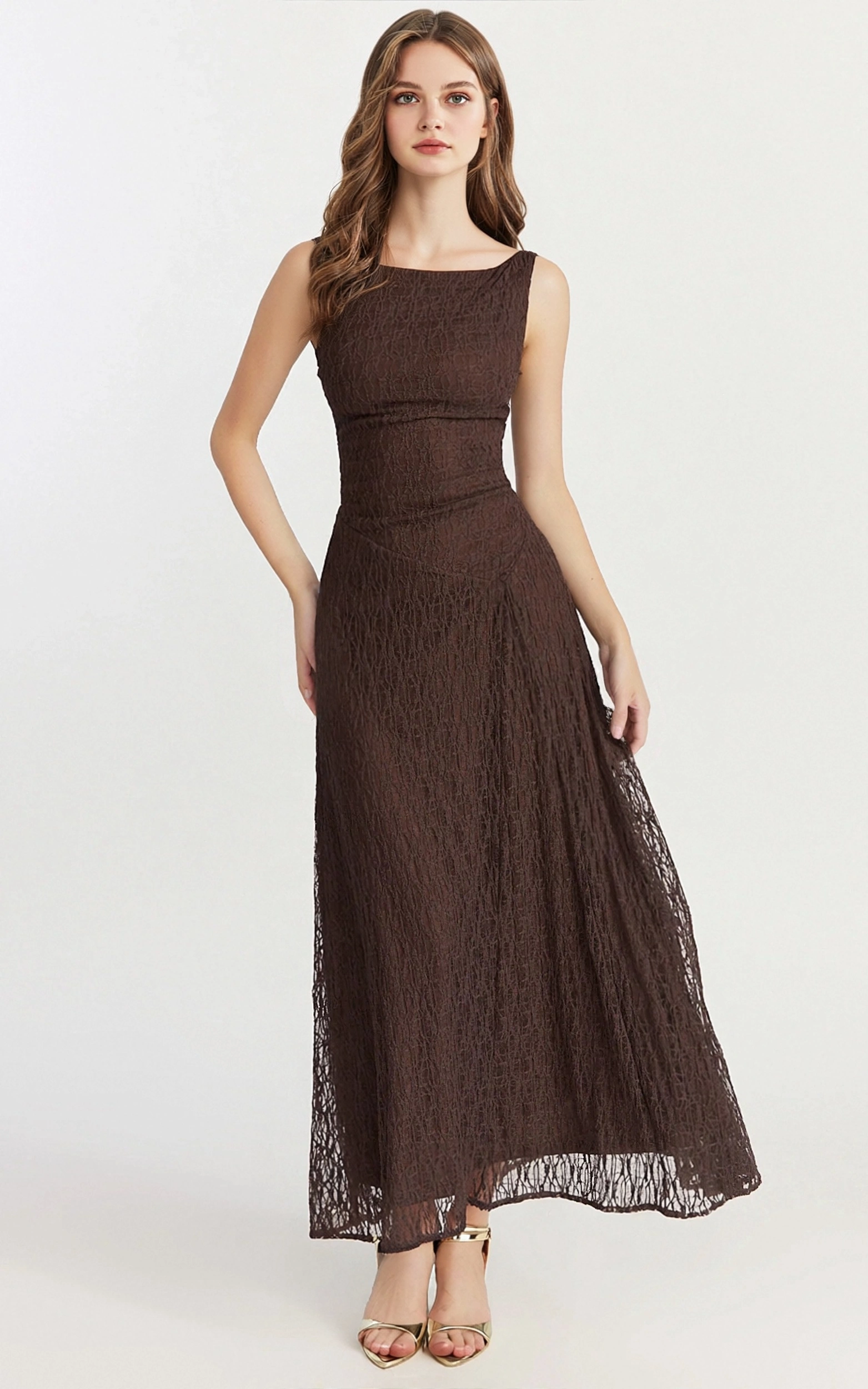 Abby Midi Dress - High Neck Asym Detail Dress-Chocolate
