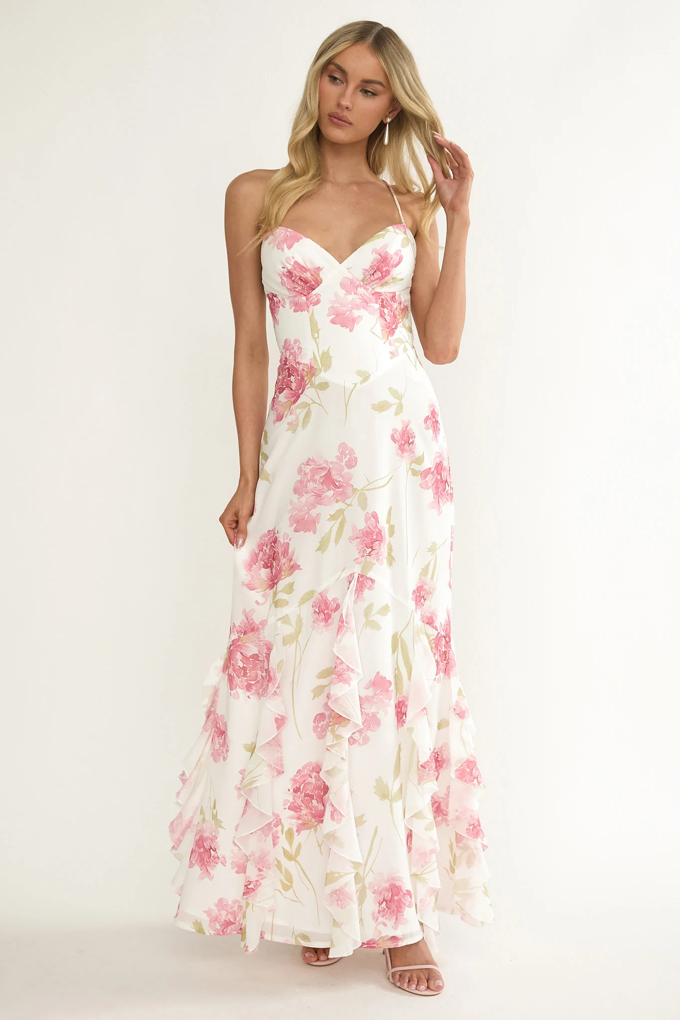 Charlisa Strappy Back Ruffle Maxi Dress Flowers White