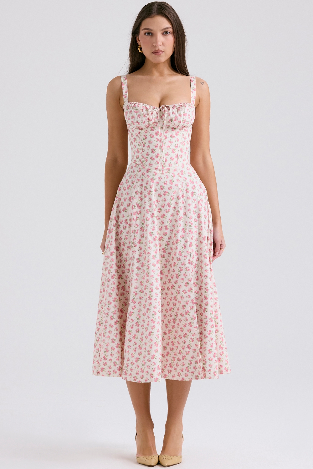 White Rosebud Print Cotton Bustier Sundress
