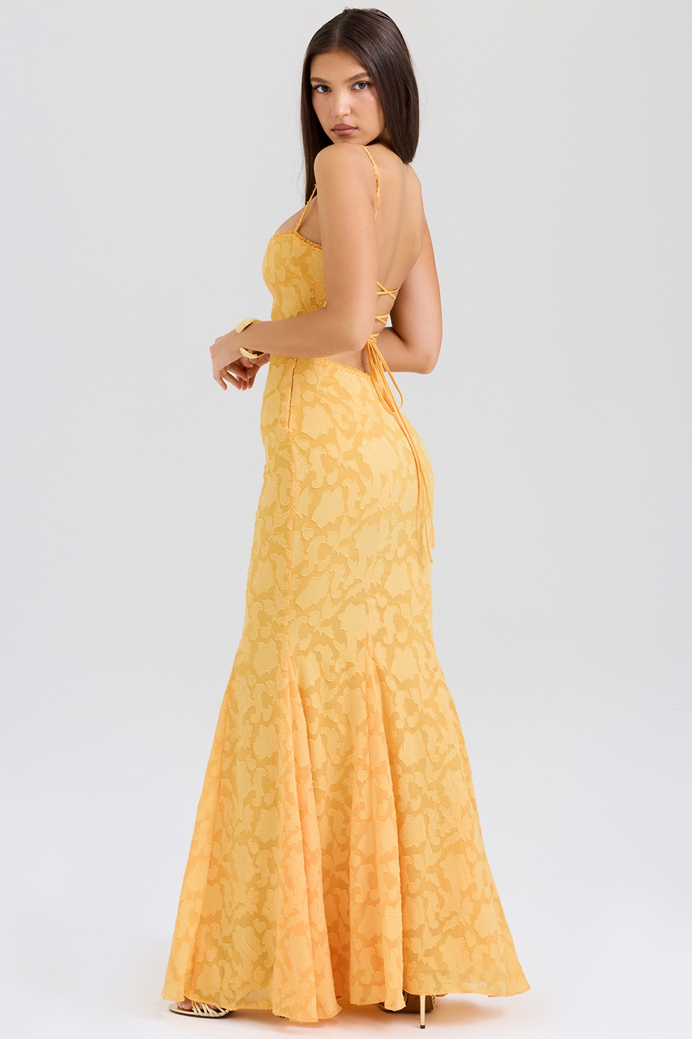 apricot lace up back maxi dress