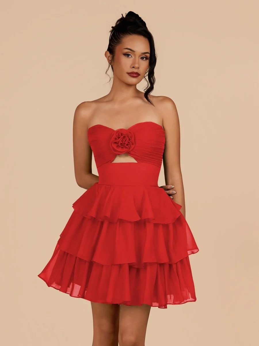 Fuchsia Strapless A Line Chiffon Ruffles Homecoming Dresses With Flower