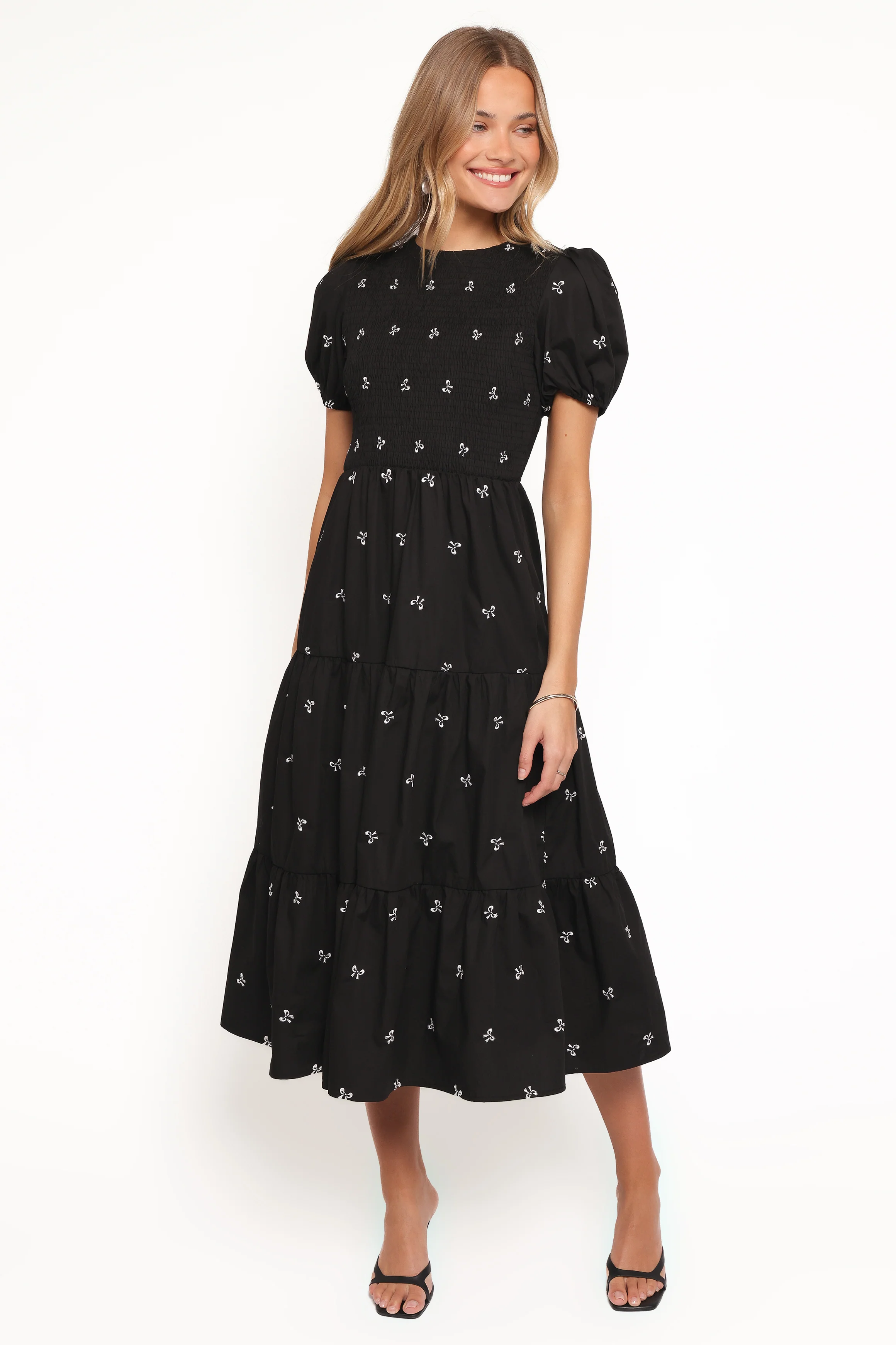 Naura Shirred Tiered Midi Dress - Black Bow