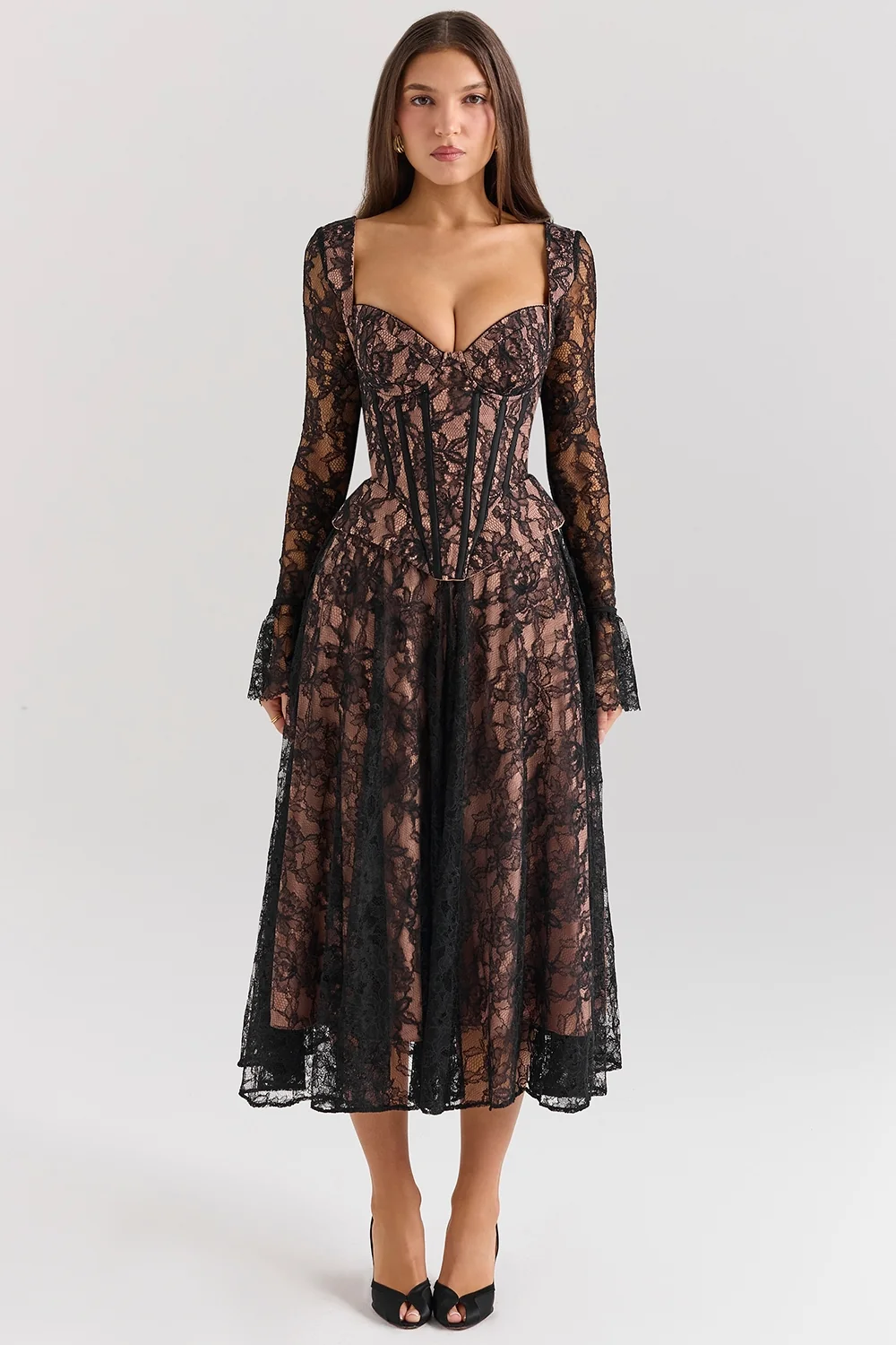 Black Lace Corset Midi Dress