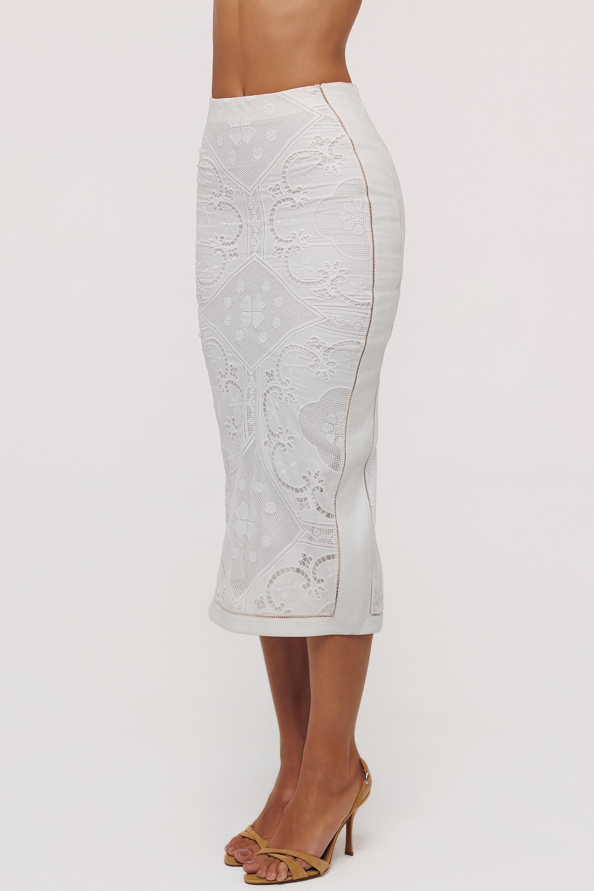 White Cotton Placement Lace Broderie Anglaise Midi Skirt