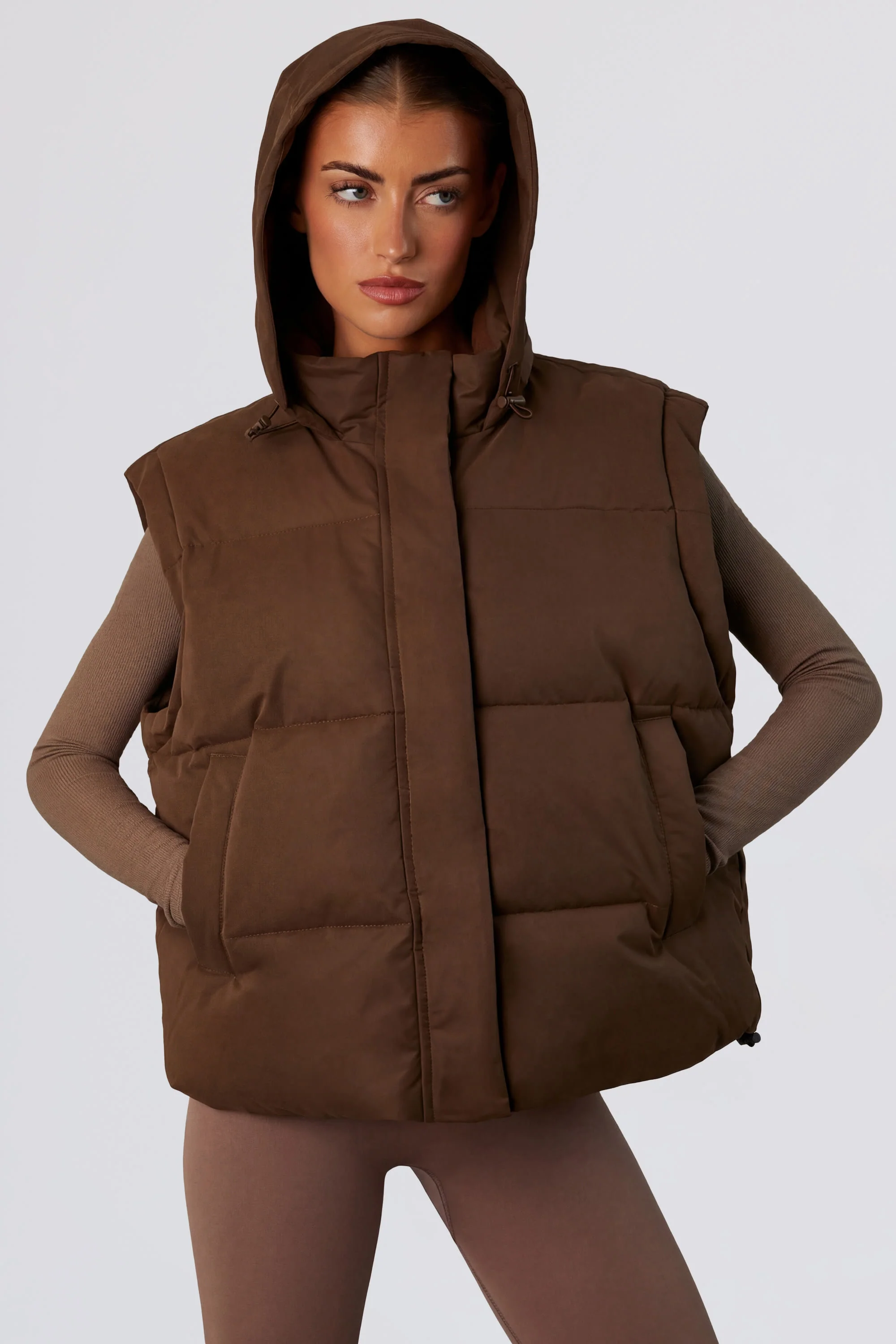 Cropped Puffer Jacket with Detachable Sleeves in Cocoa Brown