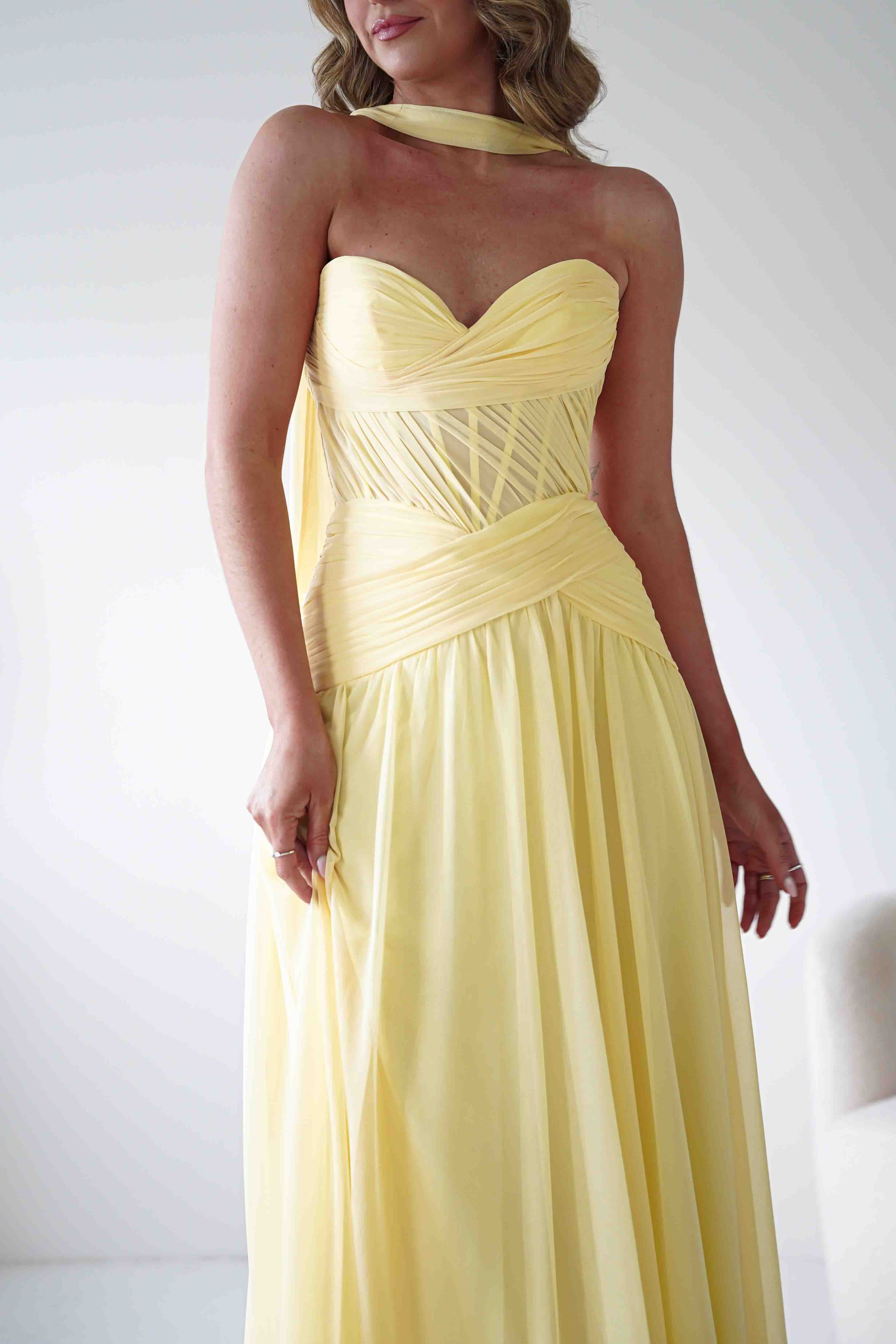 Nicolette Strapless Chiffon Maxi Gown | Yellow