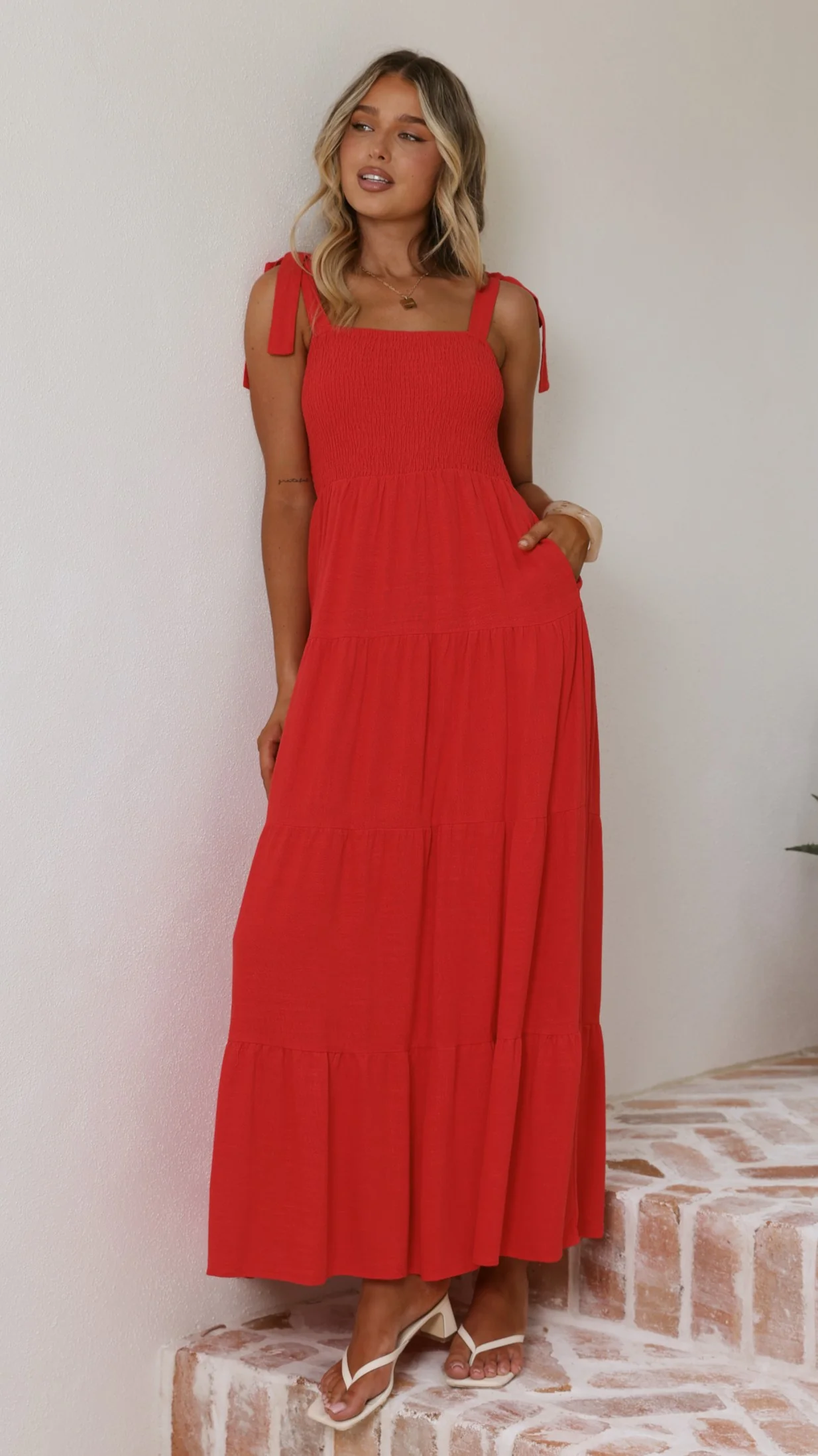 Carlina Tiered Maxi Dress - Red