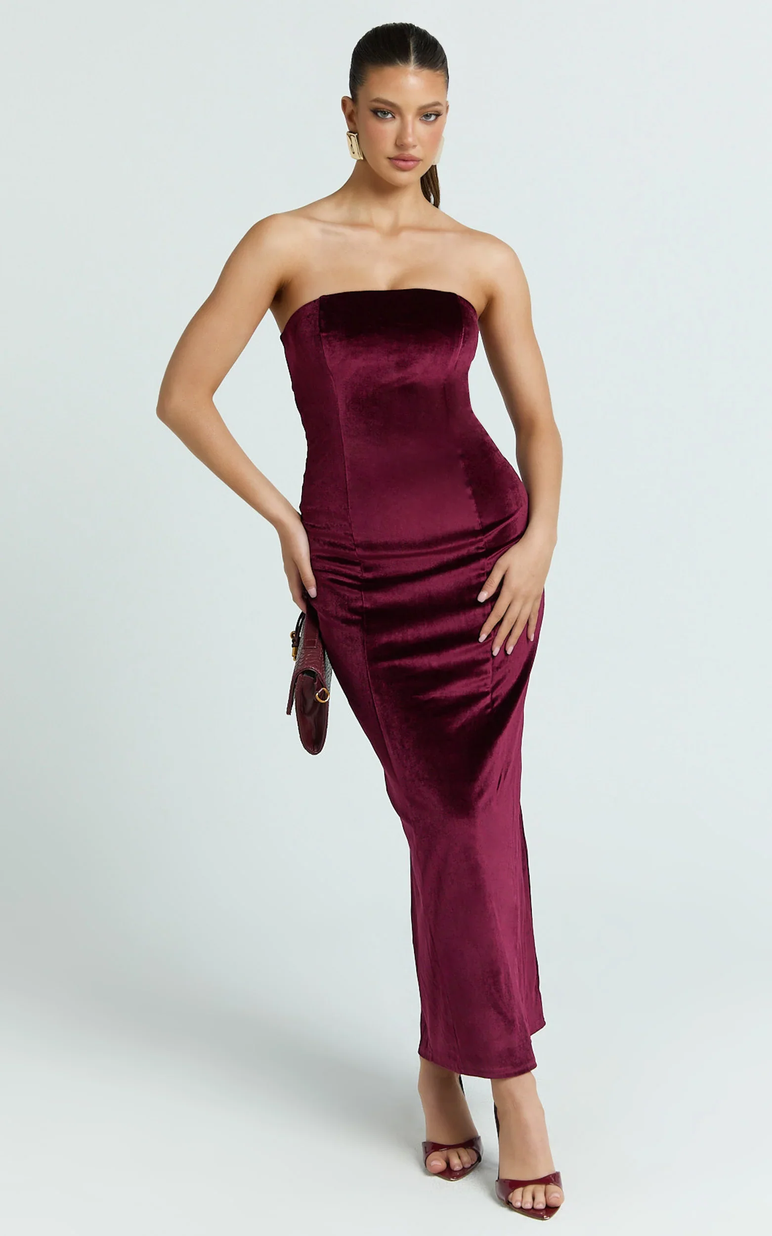 Cartia Midi Dress - Velvet Strapless Bodycon Dress in Wine