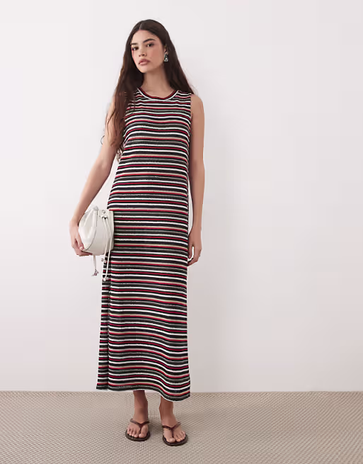 textured maxi tank dress with side split in multi stripe
