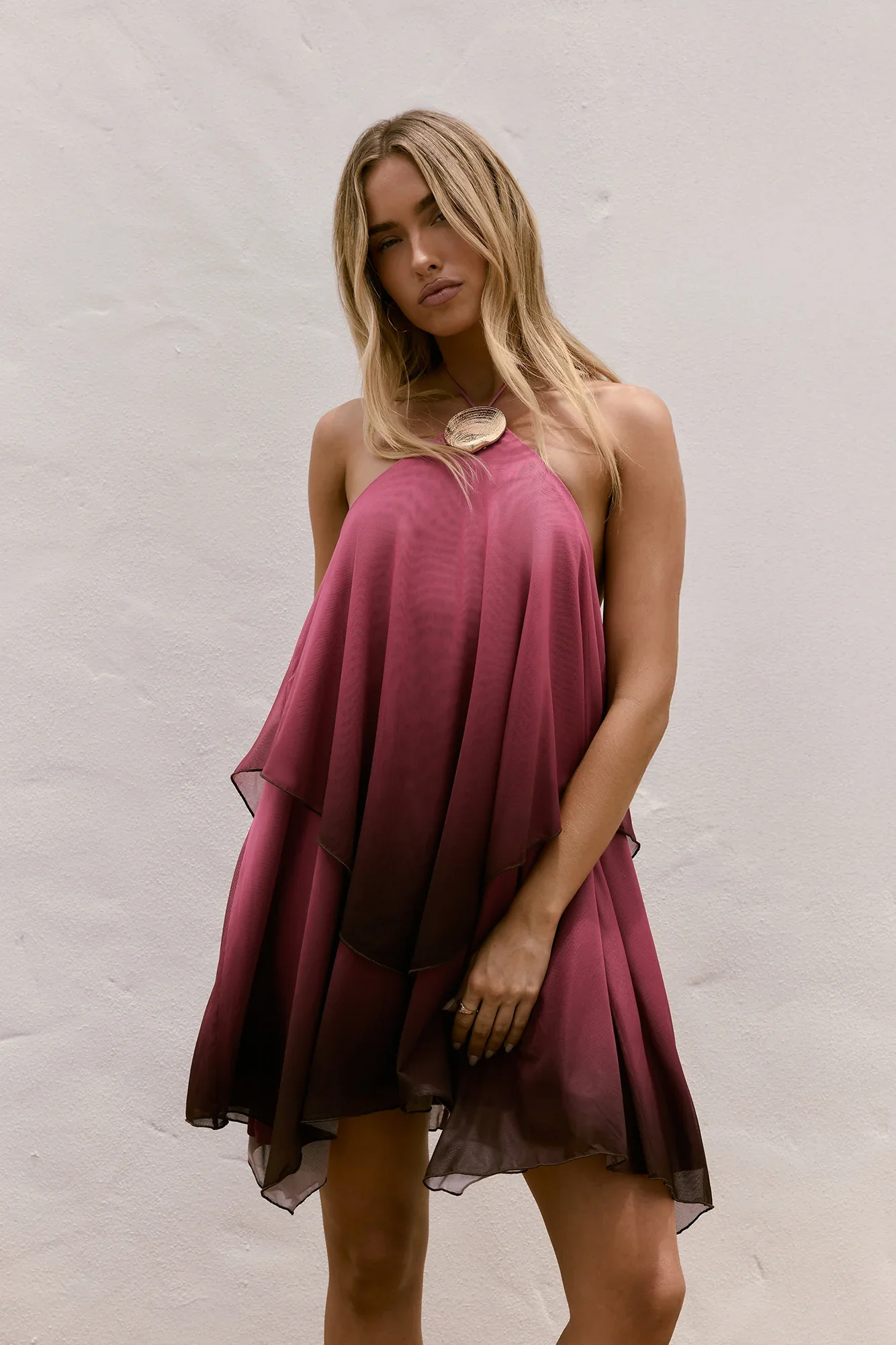 Daydream Diva Halter Mesh Mini Dress Plum