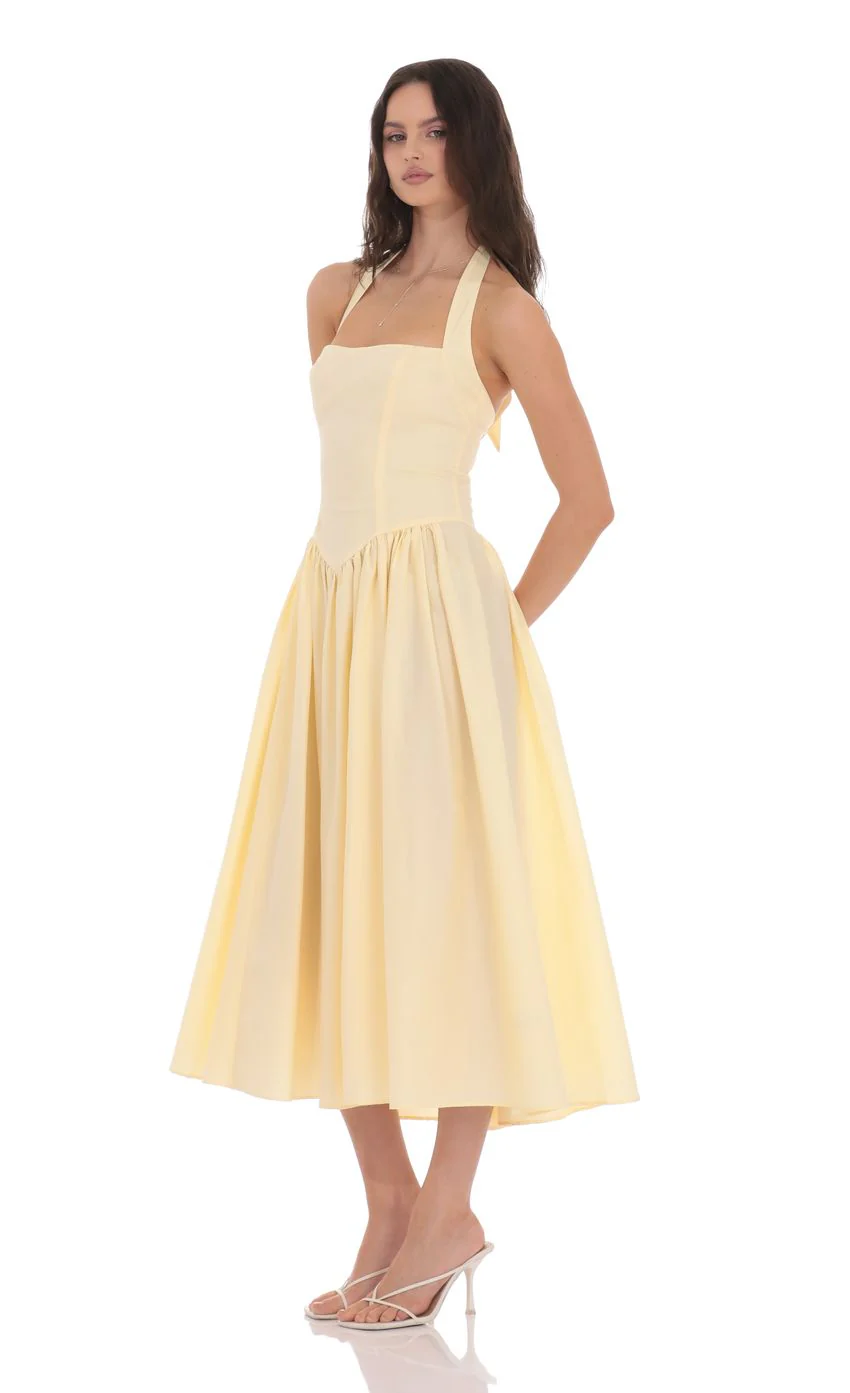 Halter Midi Dress in Yellow - luluinthesky