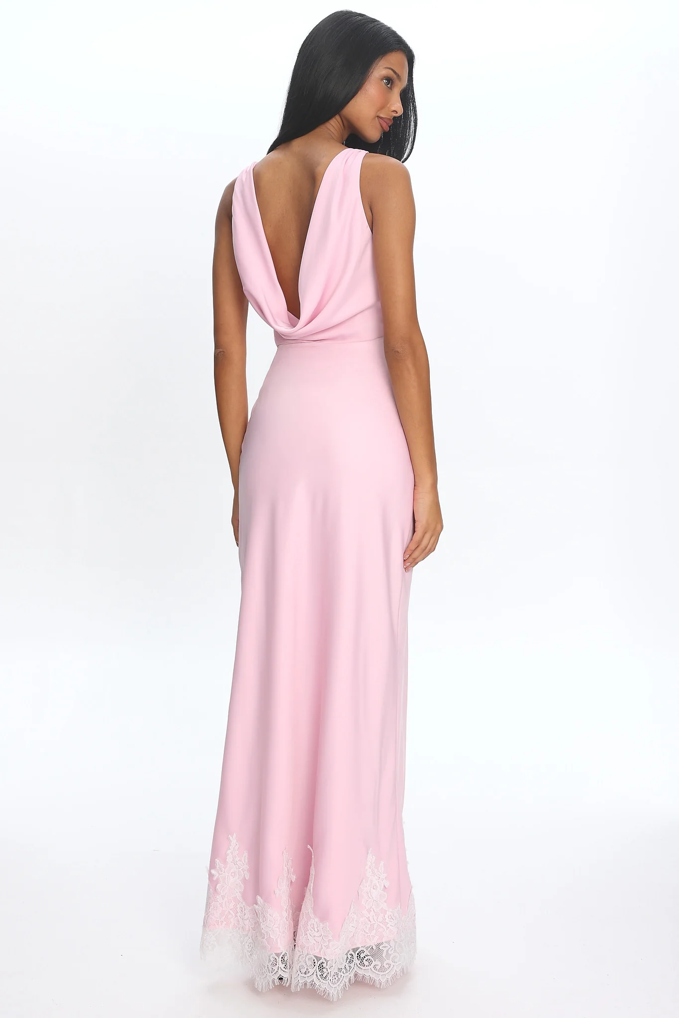 Bedouin Cowl-Back Lace-Hem Gown Light Pink