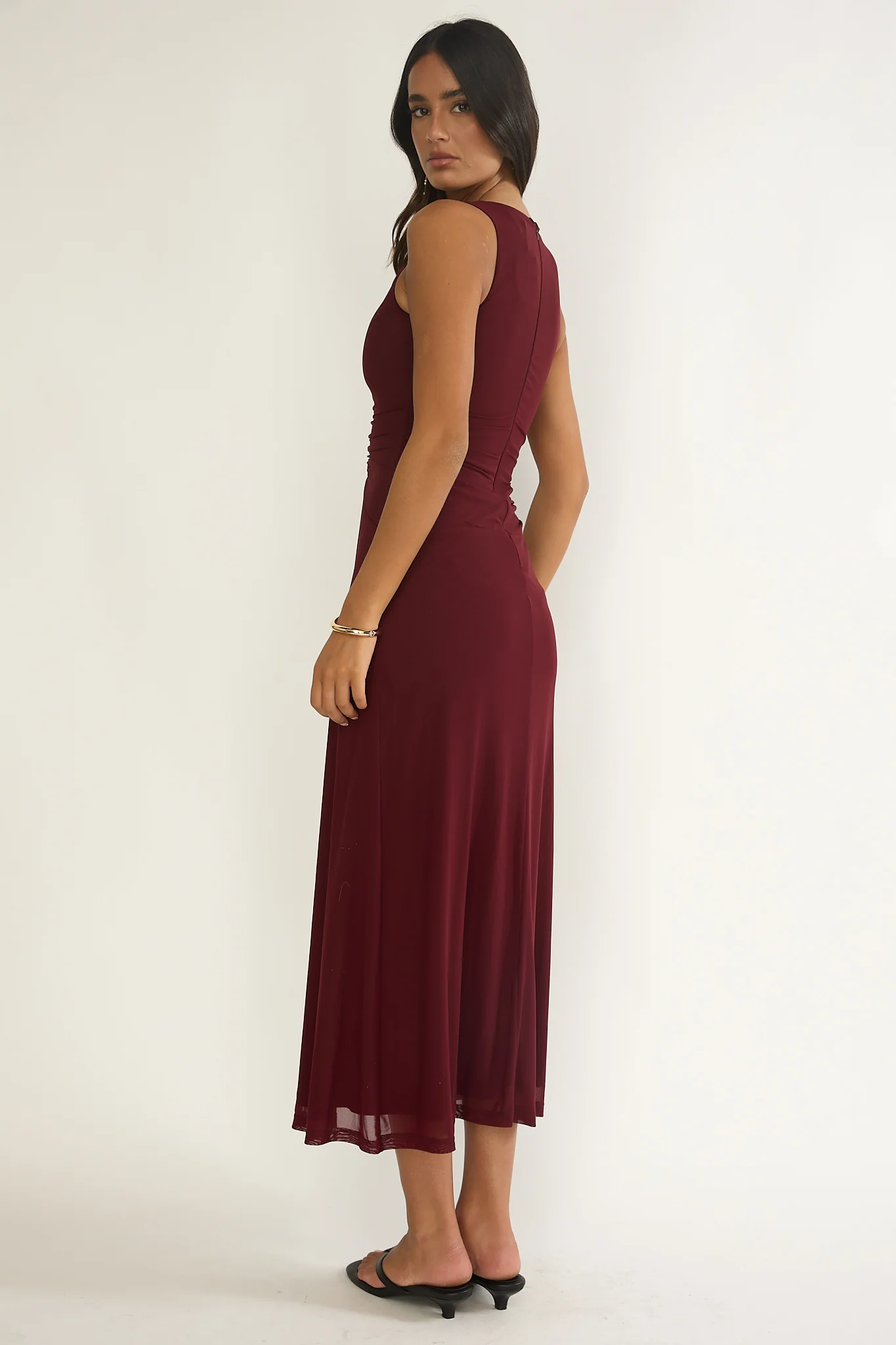 Cambrea Ruched Bodice Midi Dress Burgundy