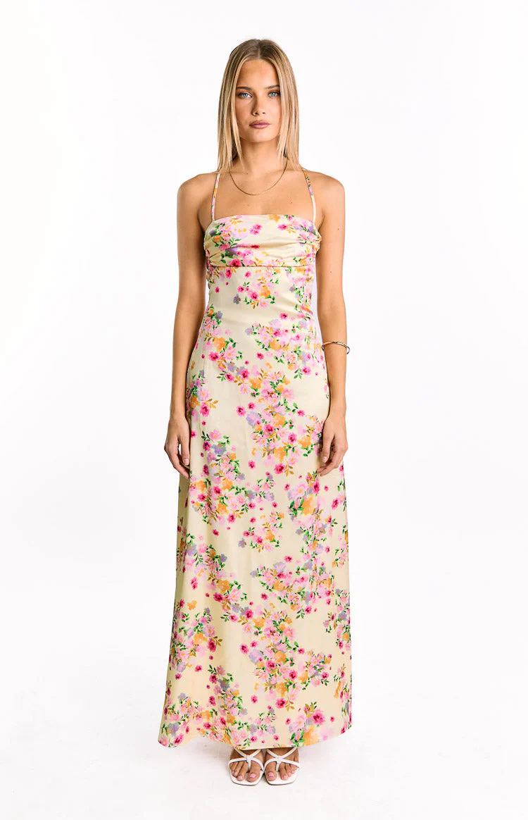 Blaise Yellow Bloom Satin Maxi Dress