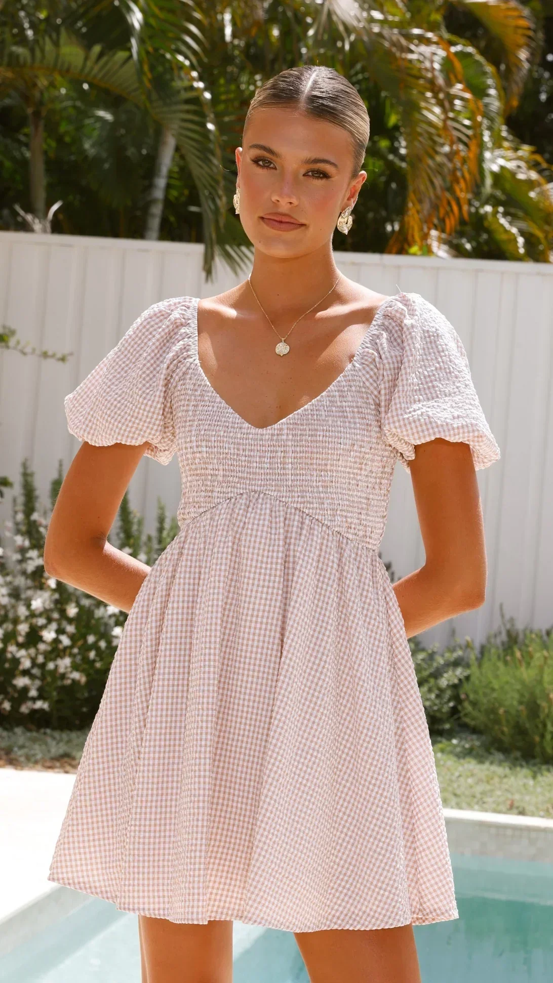 Sahirah Mini Dress - Beige / White Gingham