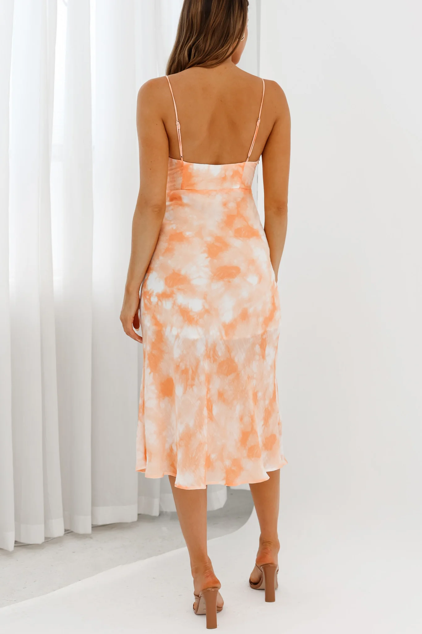 Malibu Gathered Bust Cami Strap Midi Dress Tie-Dye Orange