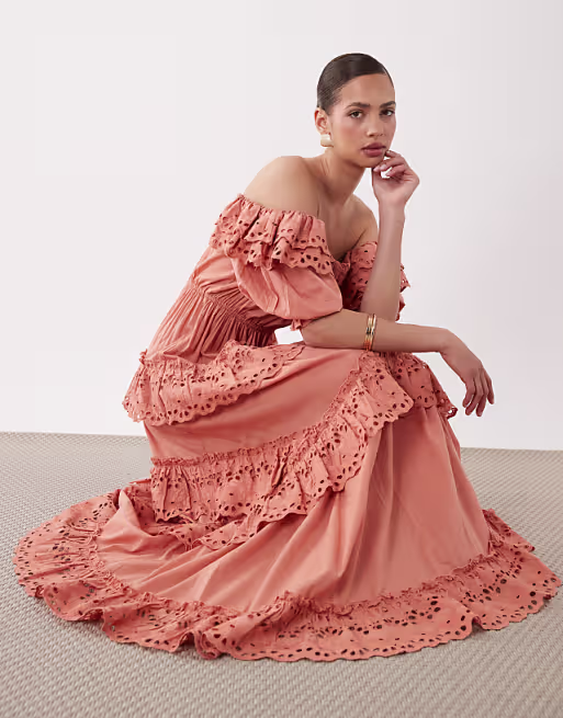 bardot maxi dress with floral broderie in peach