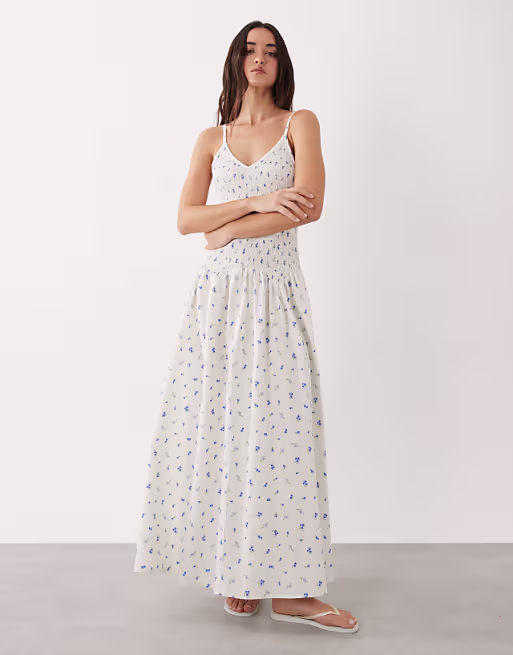 Esmée shirred drop waist maxi beach dress in blue ditsy floral