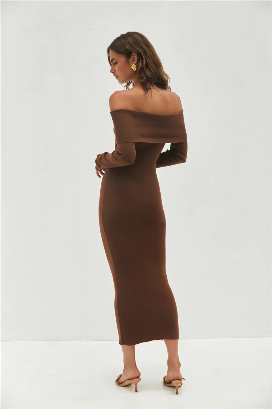Angels Sing Off Shoulder Knit Maxi Dress Chocolate