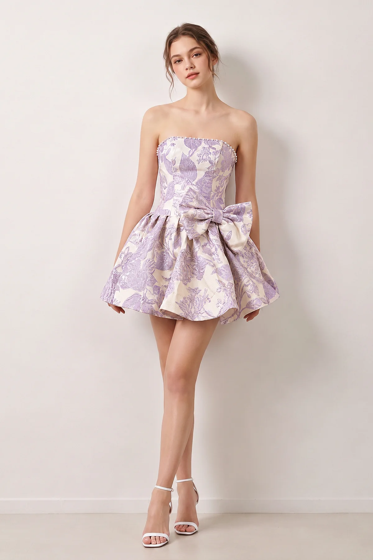 Blue Flower Jacquard Strapless A-Line Bowknot Homecoming Dress With Pearl